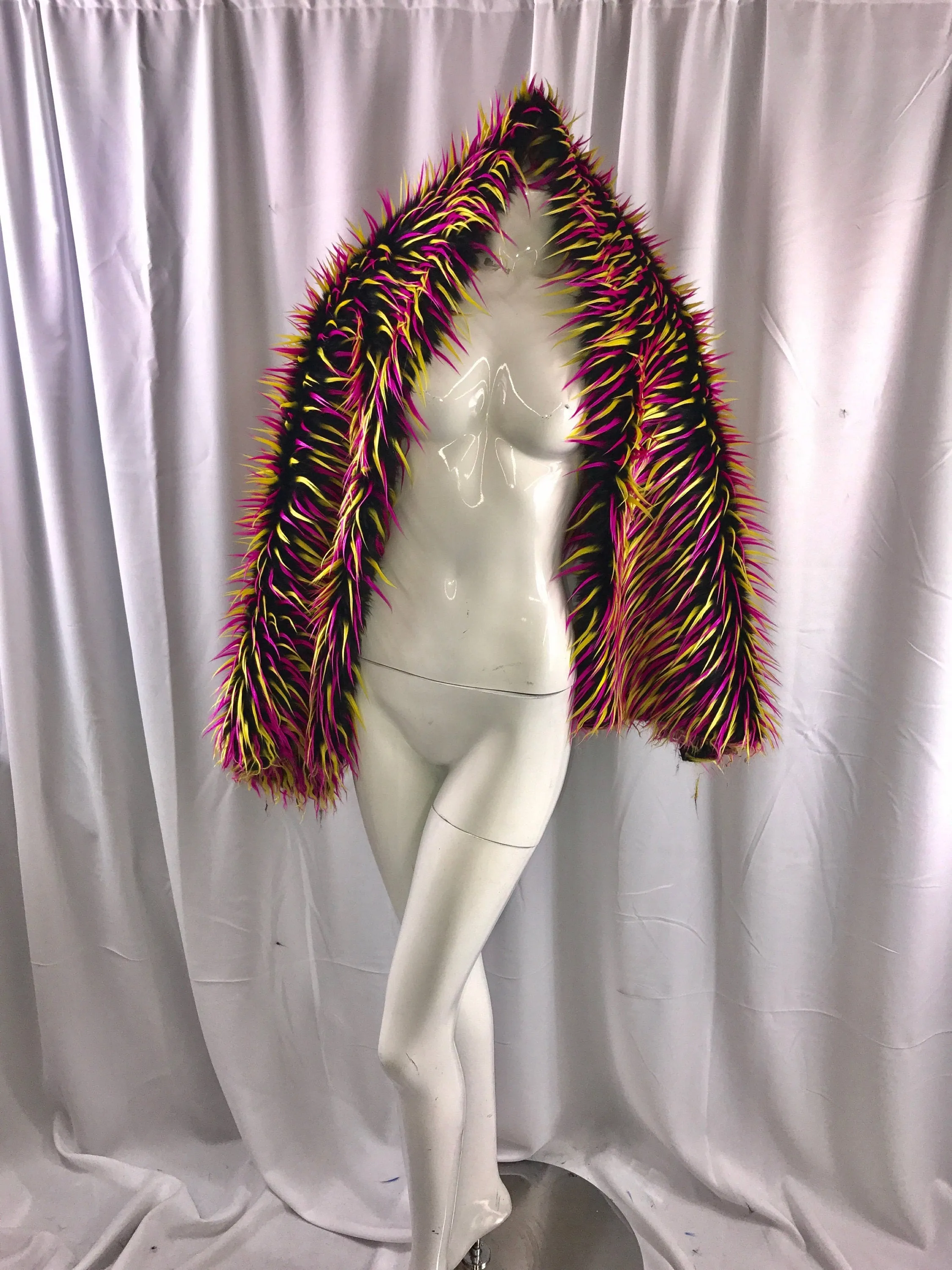 3 tone spikes faux fur- neon yellow/fuchsia/black-Shaggy faux fur-fashion-decorations-apparel-throw blankets-sold by the yard.