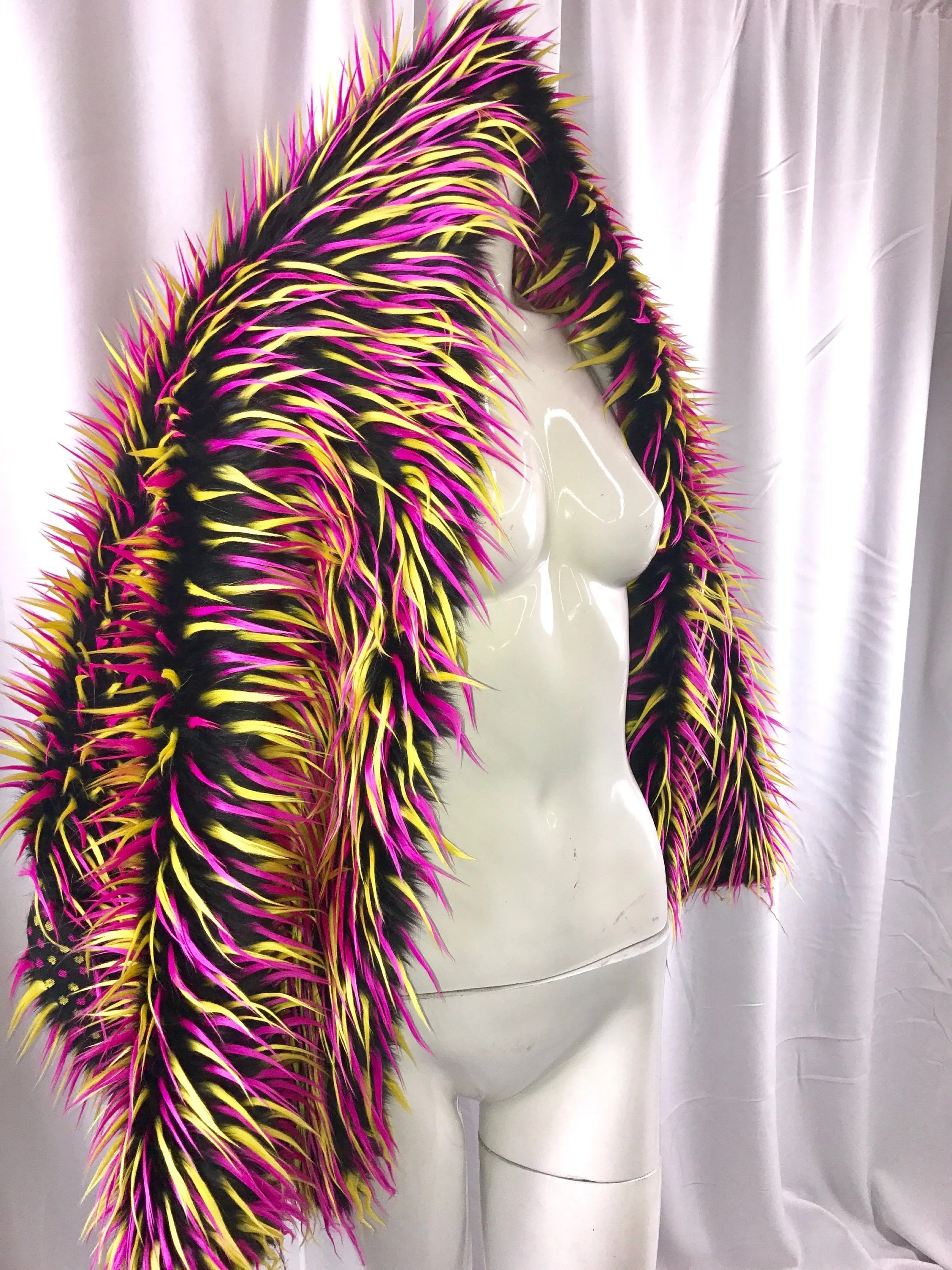 3 tone spikes faux fur- neon yellow/fuchsia/black-Shaggy faux fur-fashion-decorations-apparel-throw blankets-sold by the yard.