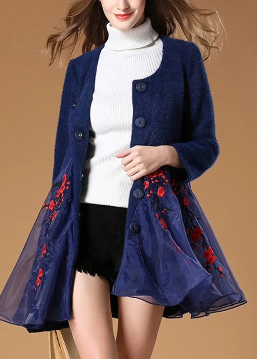 Art Navy retro Button Patchwork Floral Fall Woolen Coats