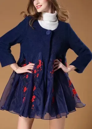 Art Navy retro Button Patchwork Floral Fall Woolen Coats