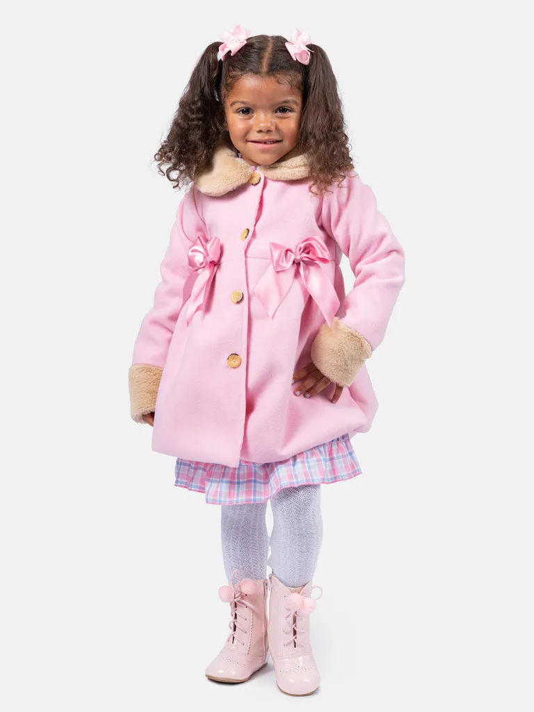 Baby Girl Elegant Coat with Fur and Satin Bows - Pink