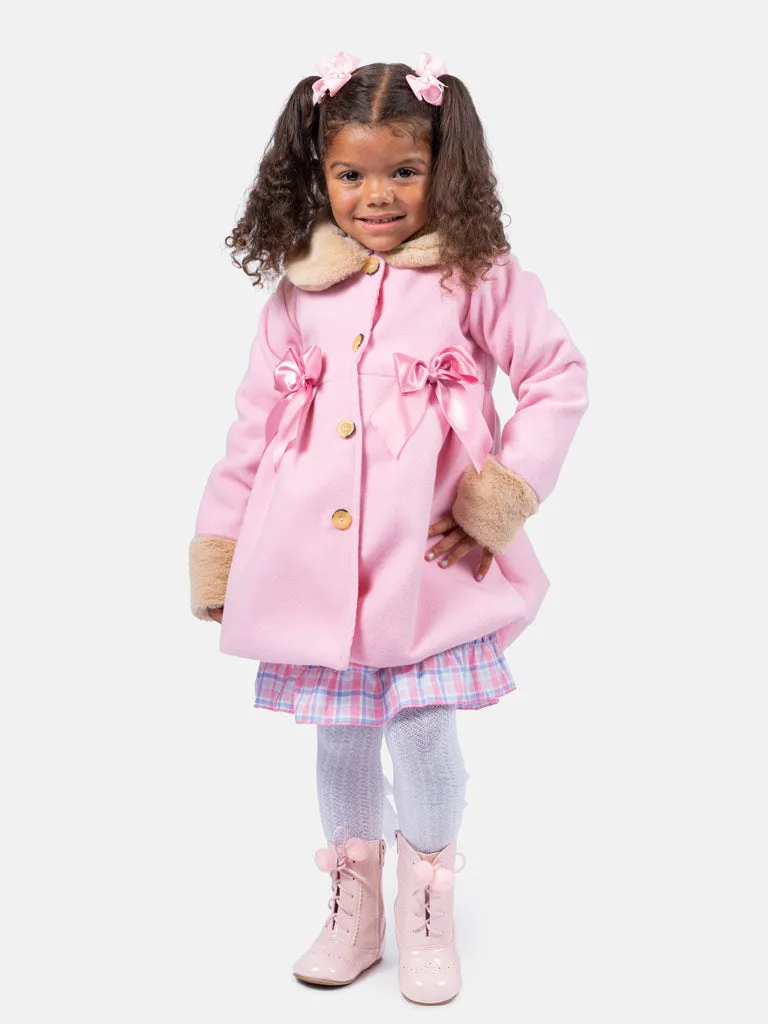 Baby Girl Elegant Coat with Fur and Satin Bows - Pink