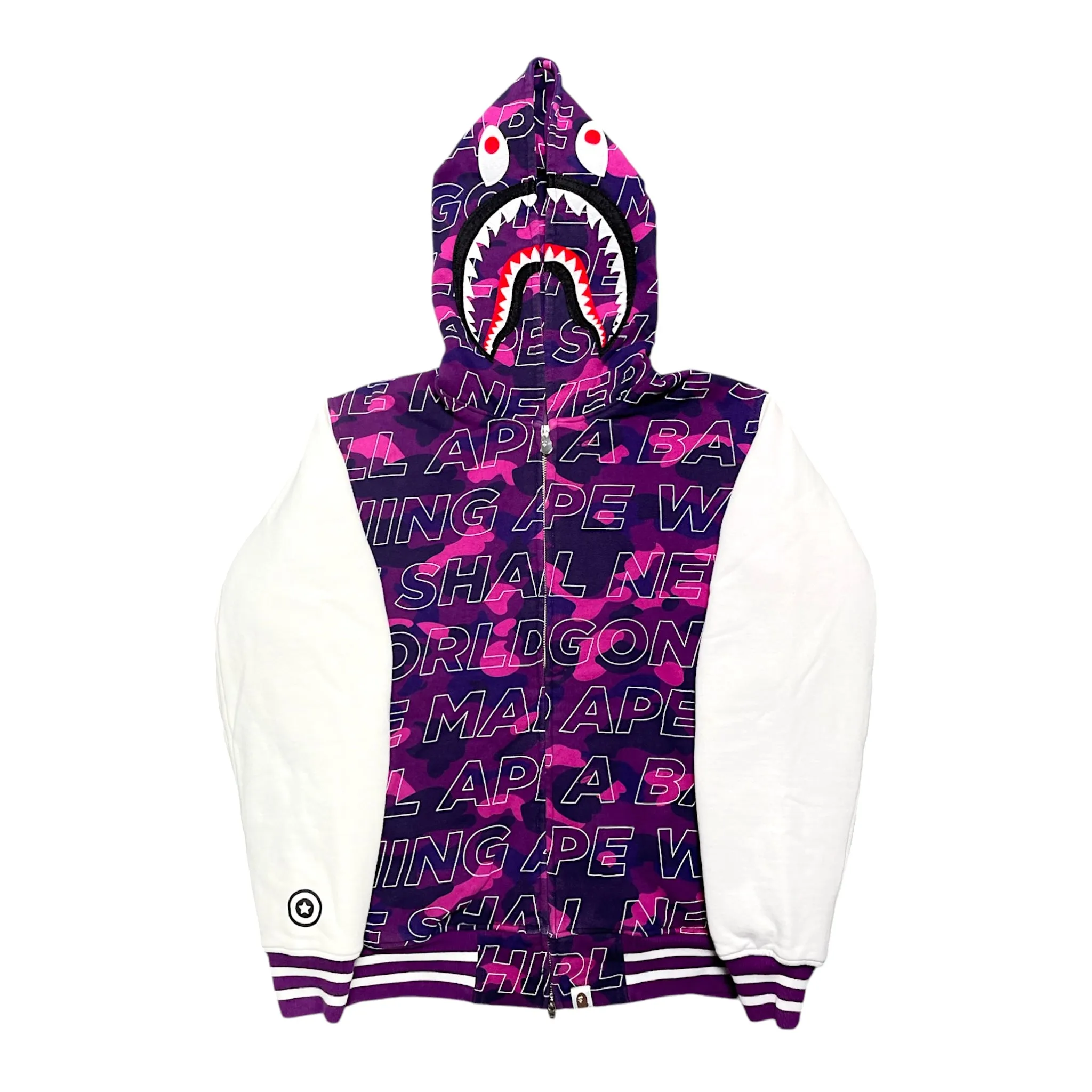 BAPE WGM Zip Up Shark Hooded Varsity Jacket Camo Purple Pre-Owned