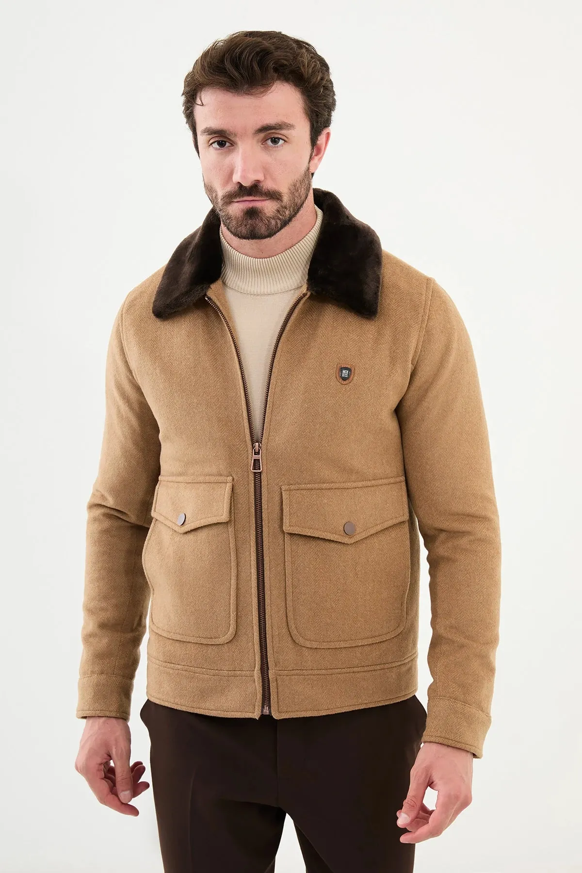 Bojoni Capena Camel Fur Slim Fit Wool Coat