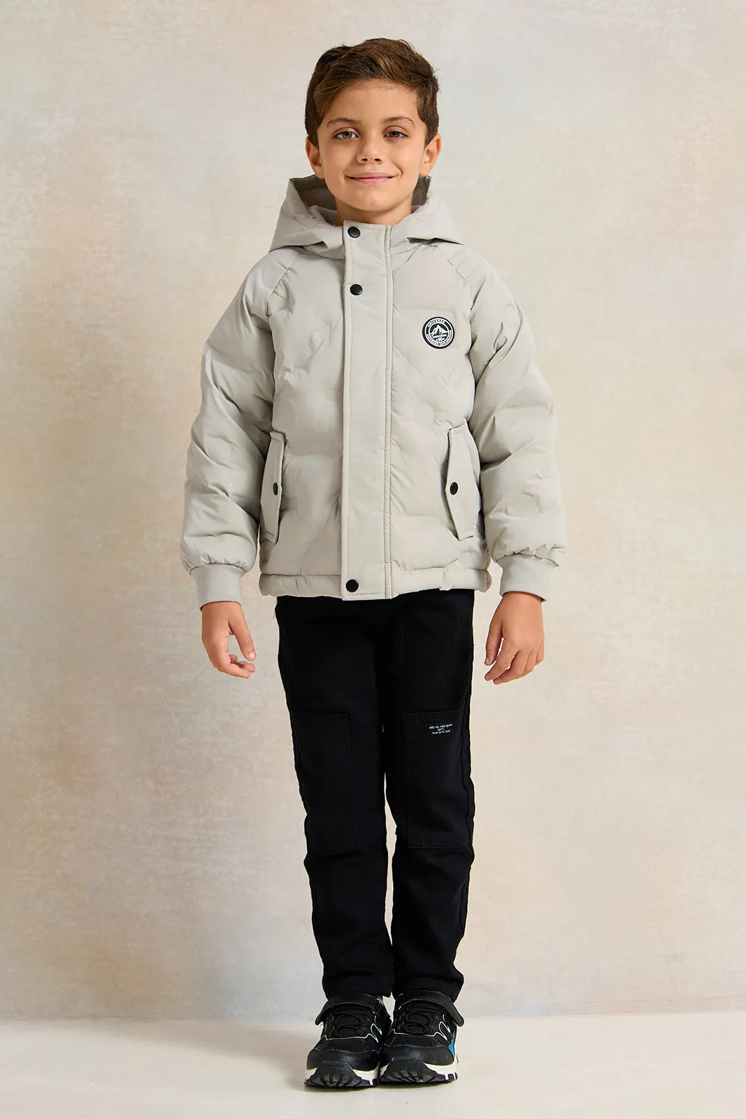 Boys Beige Embossed Hooded Jacket