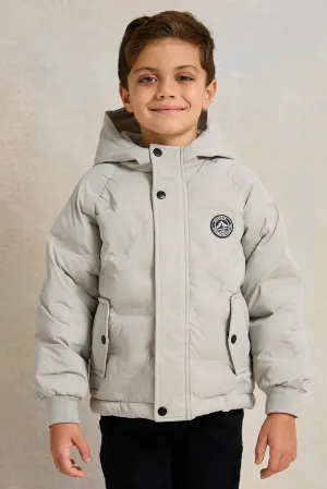 Boys Beige Embossed Hooded Jacket