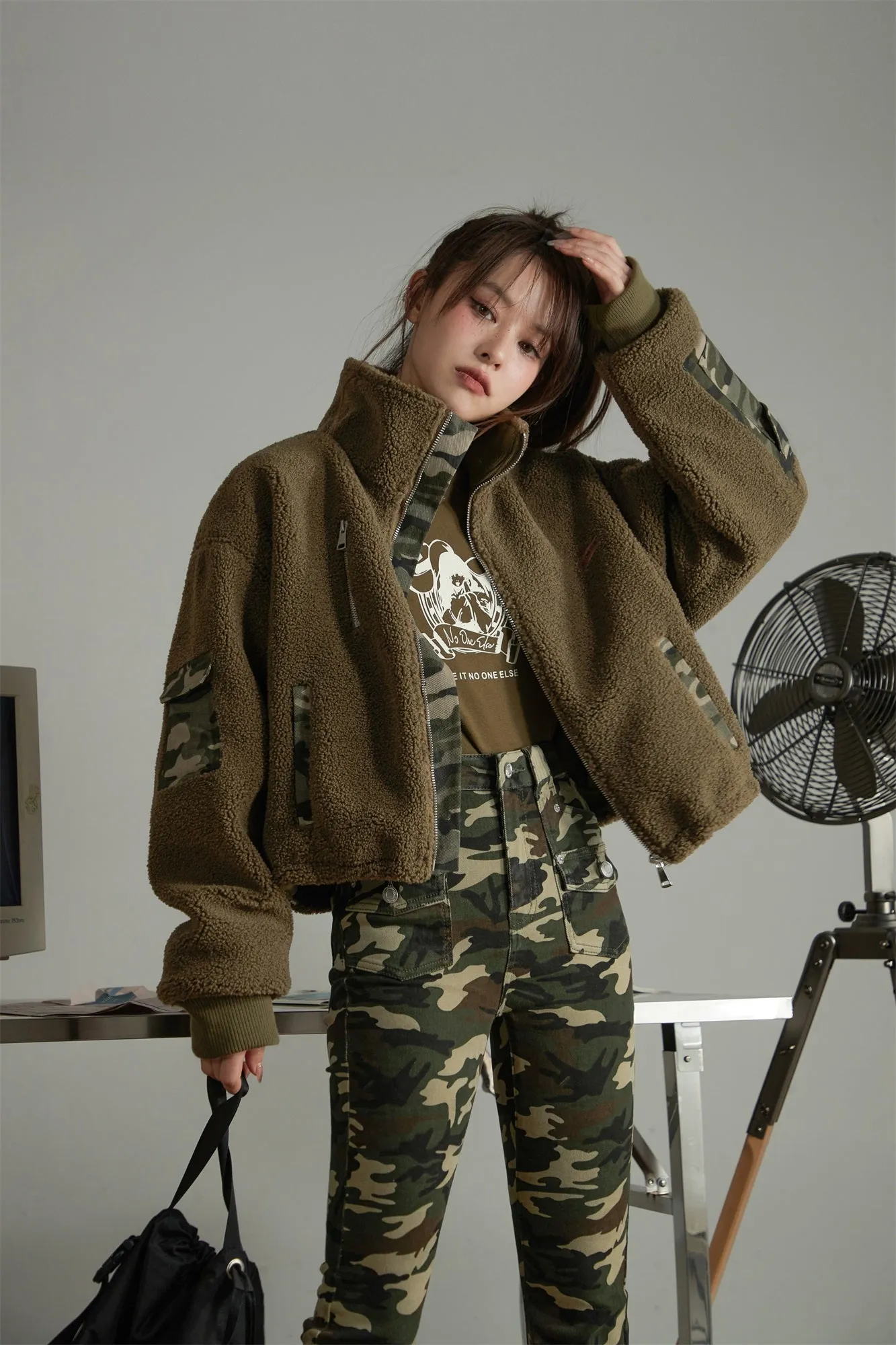 Camouflage Color Block Fleece Jacket