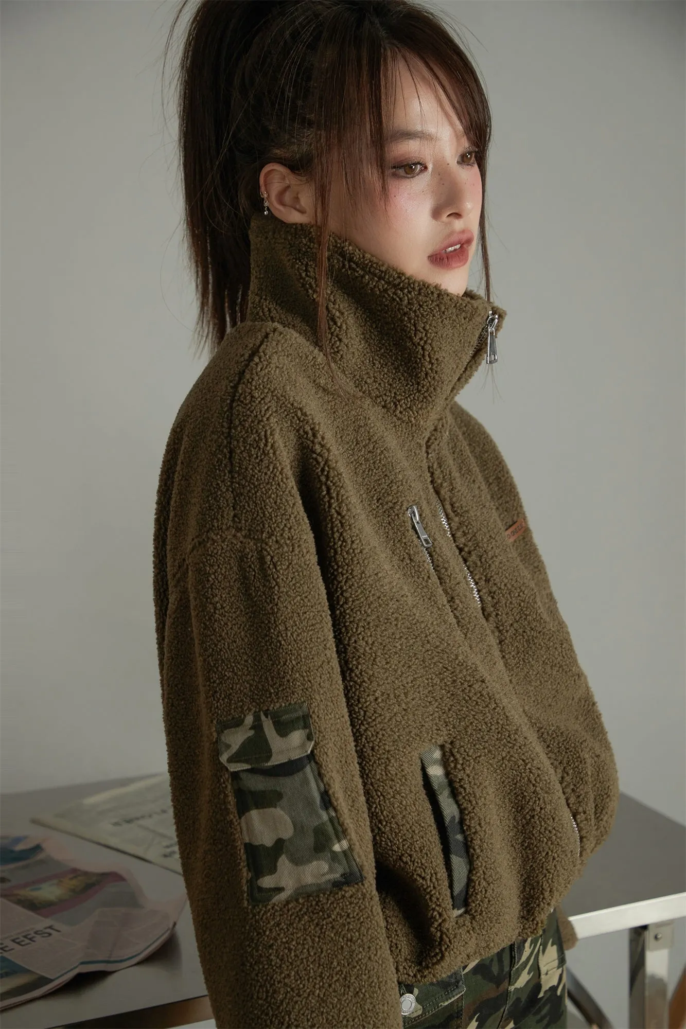 Camouflage Color Block Fleece Jacket