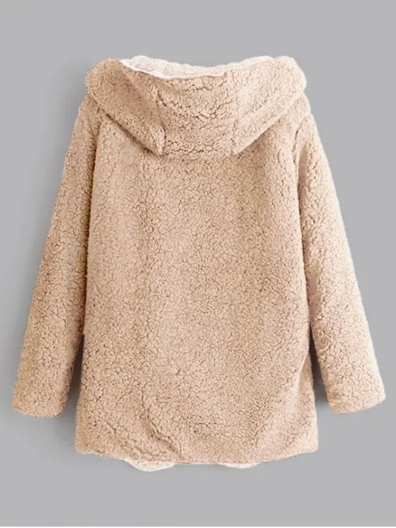 Cheap Hooded Open Front Lamb Wool Coat