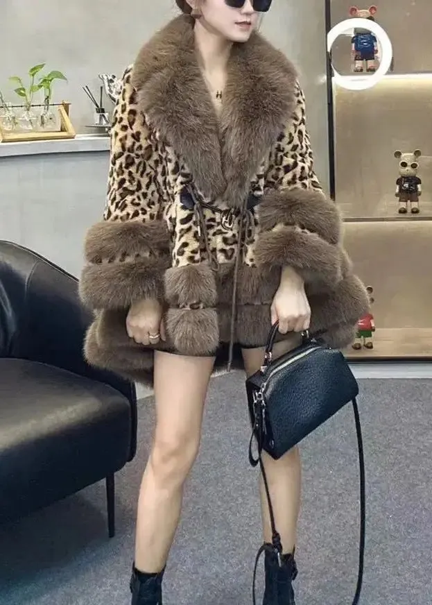 Chic Leopard Fur Collar Drawstring Patchwork Faux Leather Coats Winter ML1177