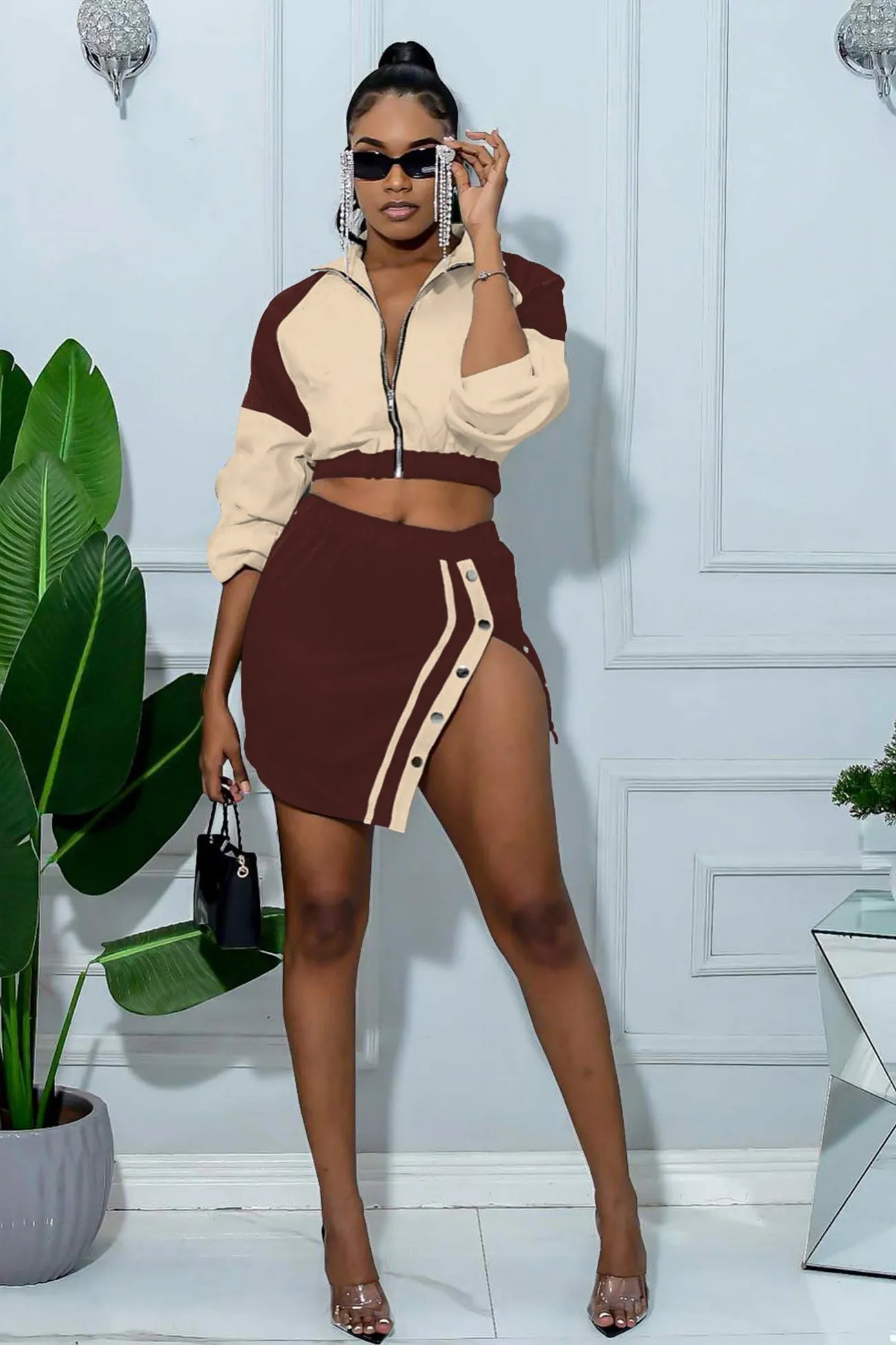 Colorblock Zipper Crop Top Single-breasted Skirt Suits