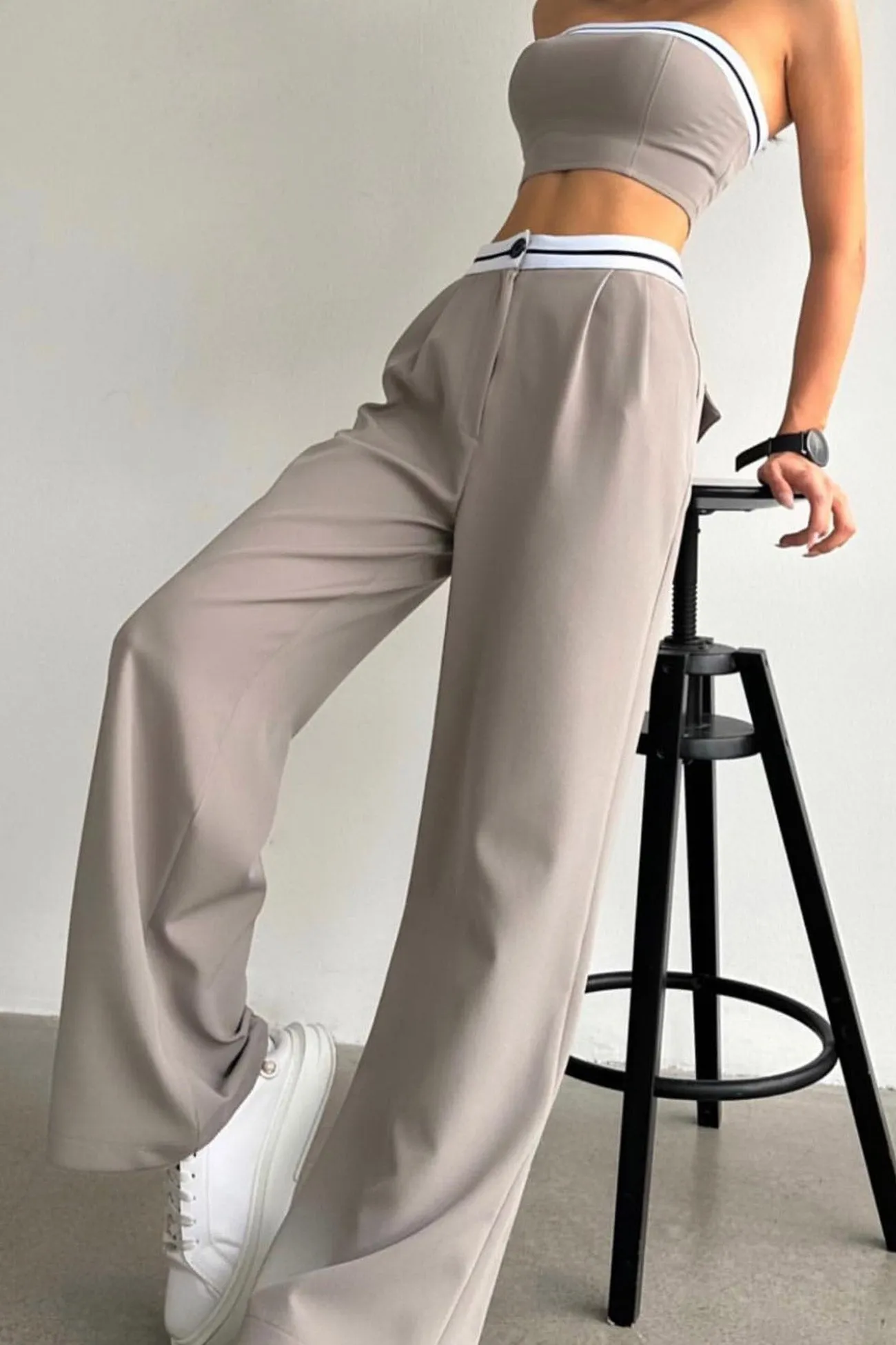 Contrast Strapless Crop Top Long Pants Suits