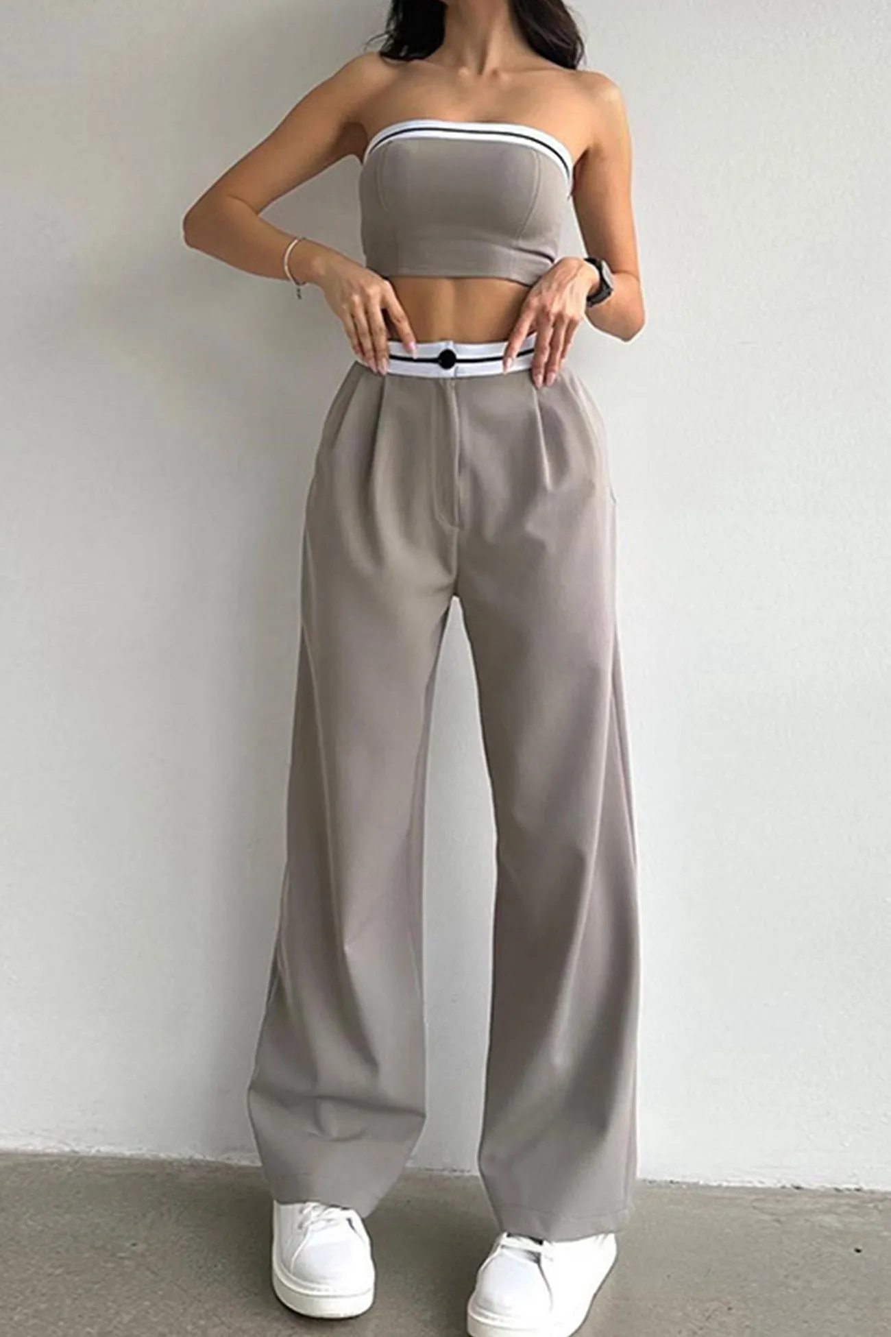 Contrast Strapless Crop Top Long Pants Suits