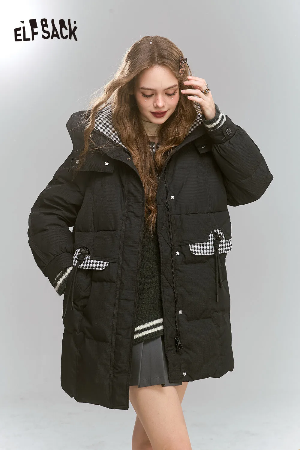 ELFSACK 2024 Winter New Arrivals Preppy style mid-length hooded plaid patchwork down jacket for women