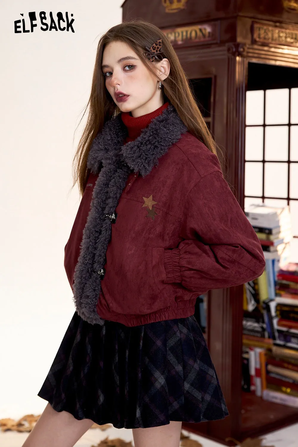 ELFSACK 2024 Winter New Arrivals Star Patch Faux Suede Jacket for Women, Vintage Red Plush Fur Collar