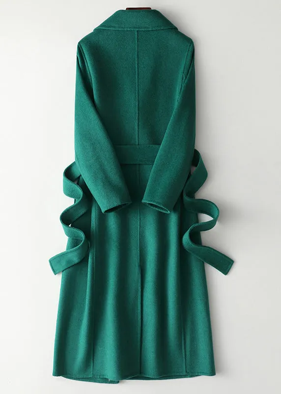 Green Notched Tie Waist Woolen Long Coats Fall