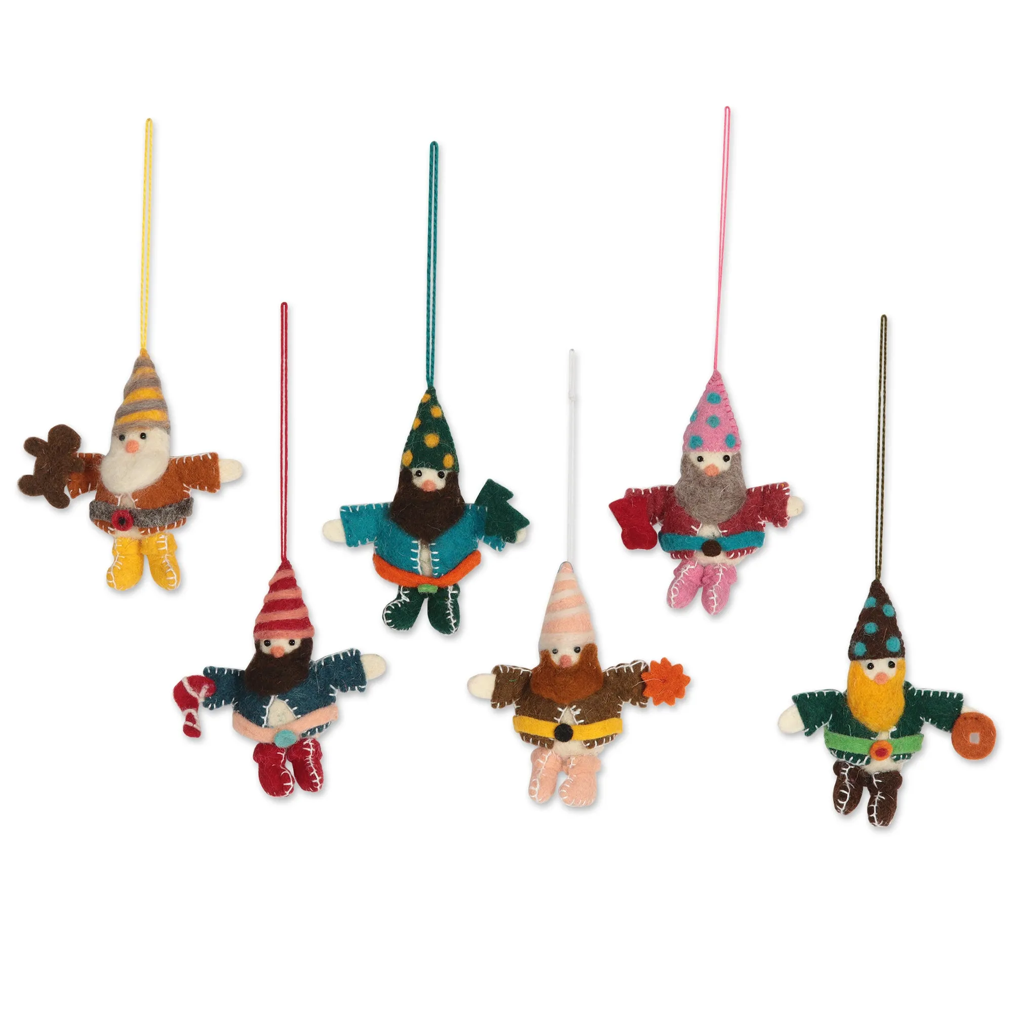 Handcrafted Wool Felt Christmas Ornaments (Set of 6) - Glad Tiding Gnomes | NOVICA