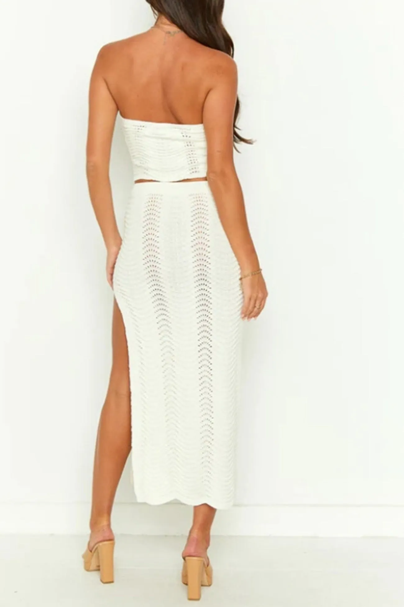 Hollow Out Strapless Crop Top Slit Skirt Suits