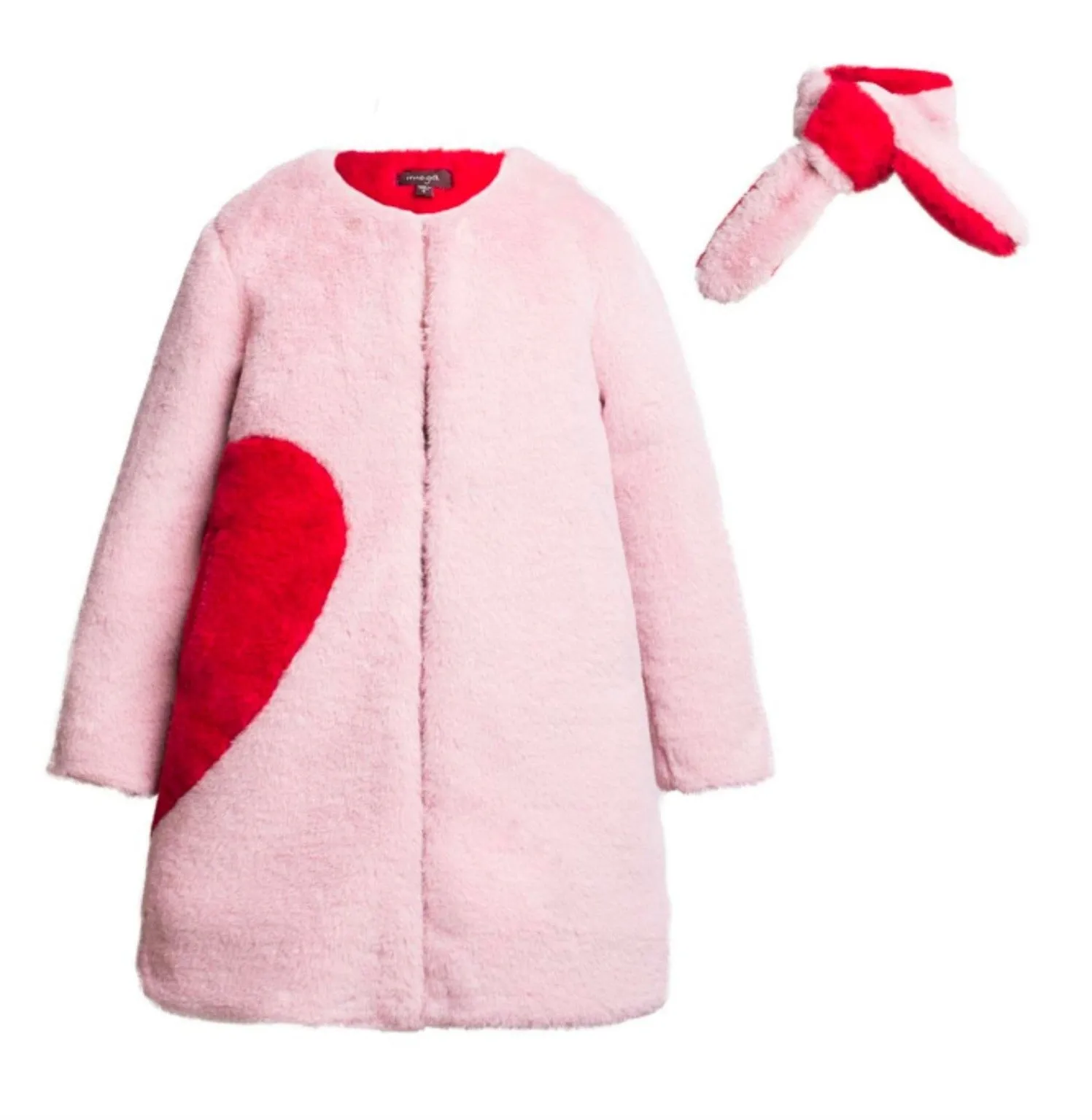 Imoga Collection Frida Red Heart Faux Fur Coat in Powder Pink