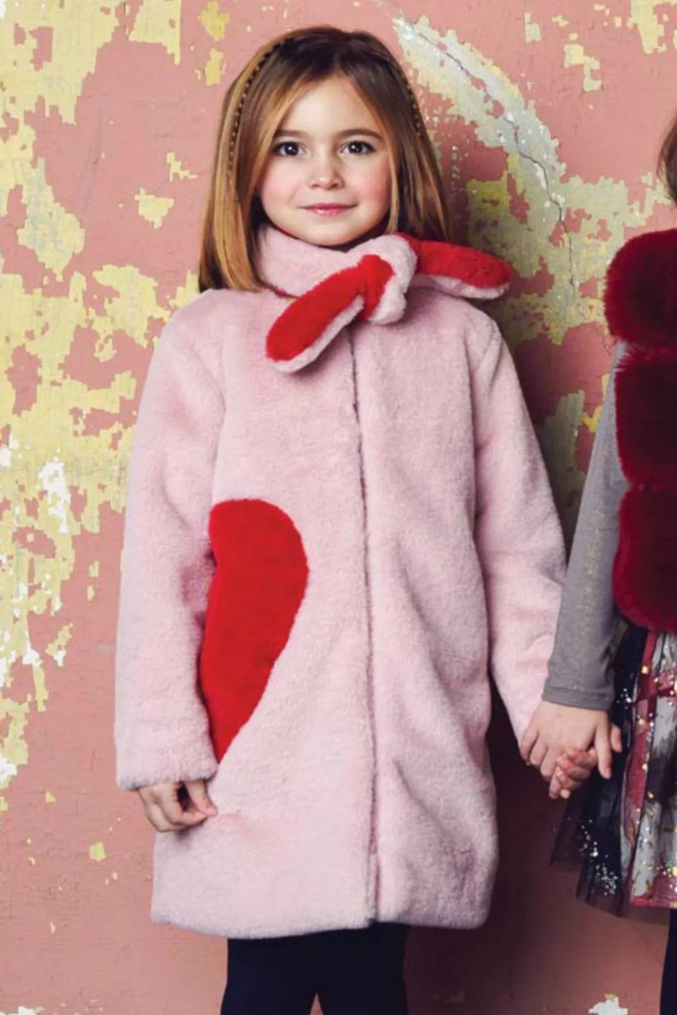 Imoga Collection Frida Red Heart Faux Fur Coat in Powder Pink