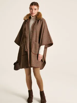 Joules Sandringham Luxe Tweed Cape with Removable Fur Trim