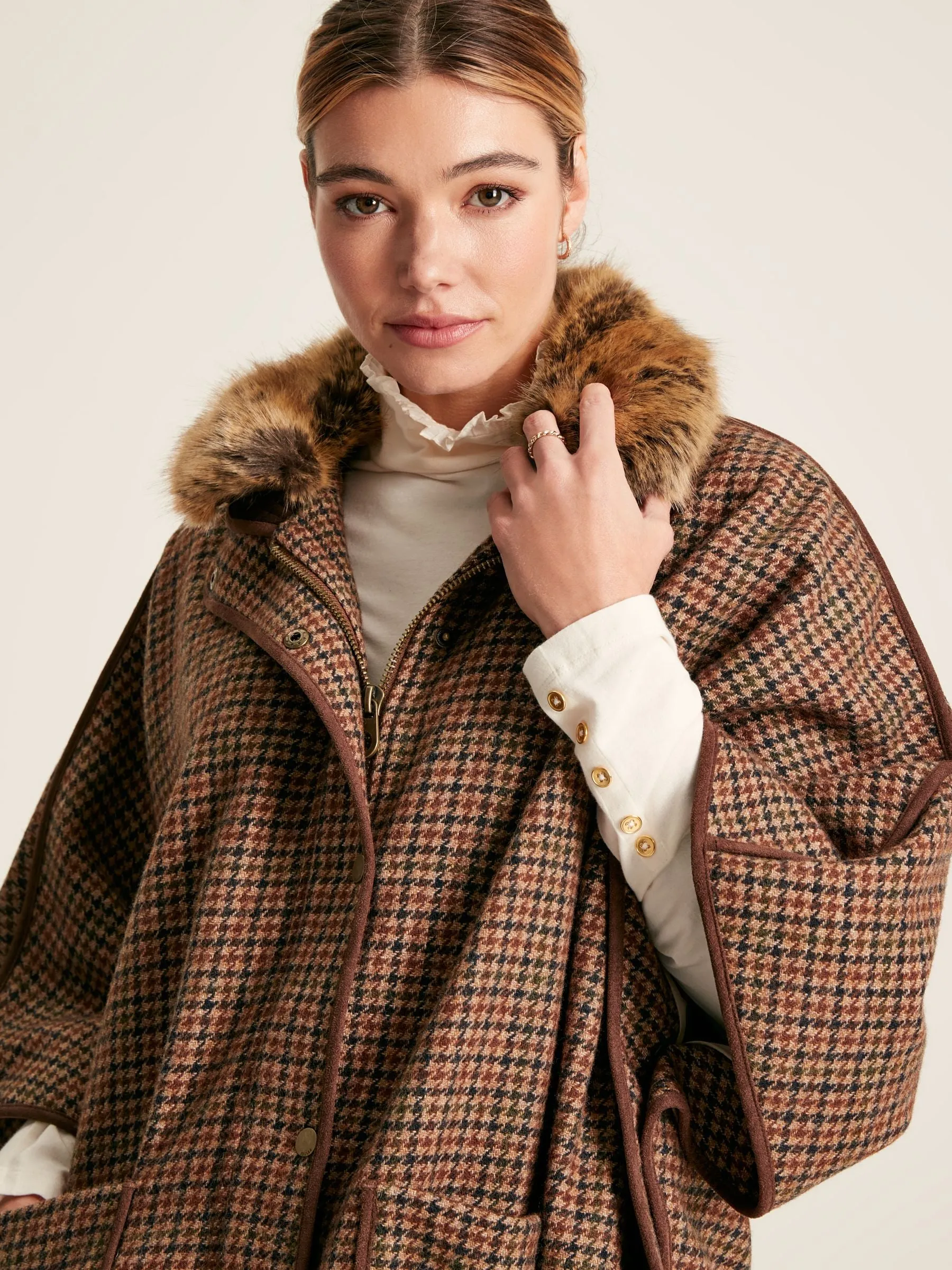 Joules Sandringham Luxe Tweed Cape with Removable Fur Trim