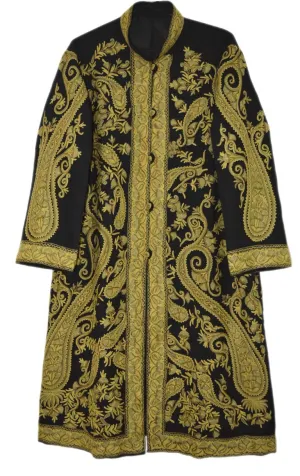 Kashmiri Woolen Coat Black, Olive Embroidery #AO-152