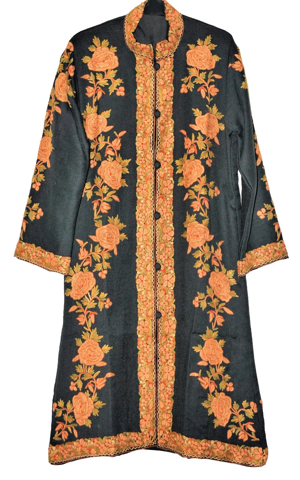 Kashmiri Woolen Coat Black, Rust and Olive Embroidery #AO-160