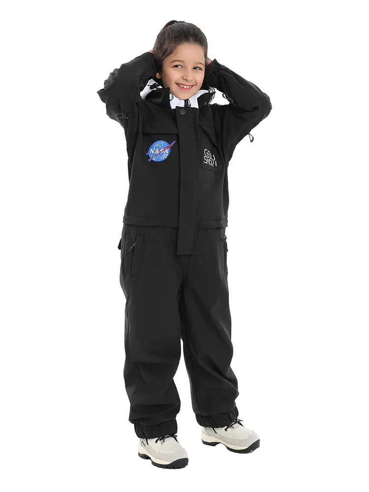 Kid's Black Ski Suit One Piece Snowsuits Waterproof Ski Jumpsuits