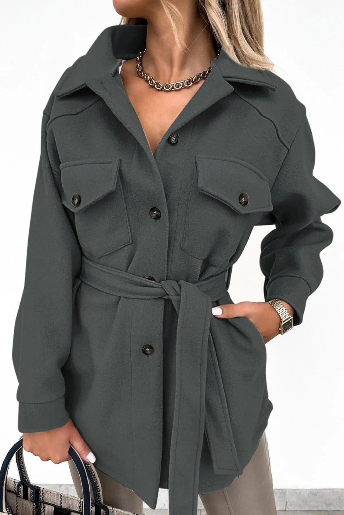 Lapel Button-Down Coat With Chest Pockets