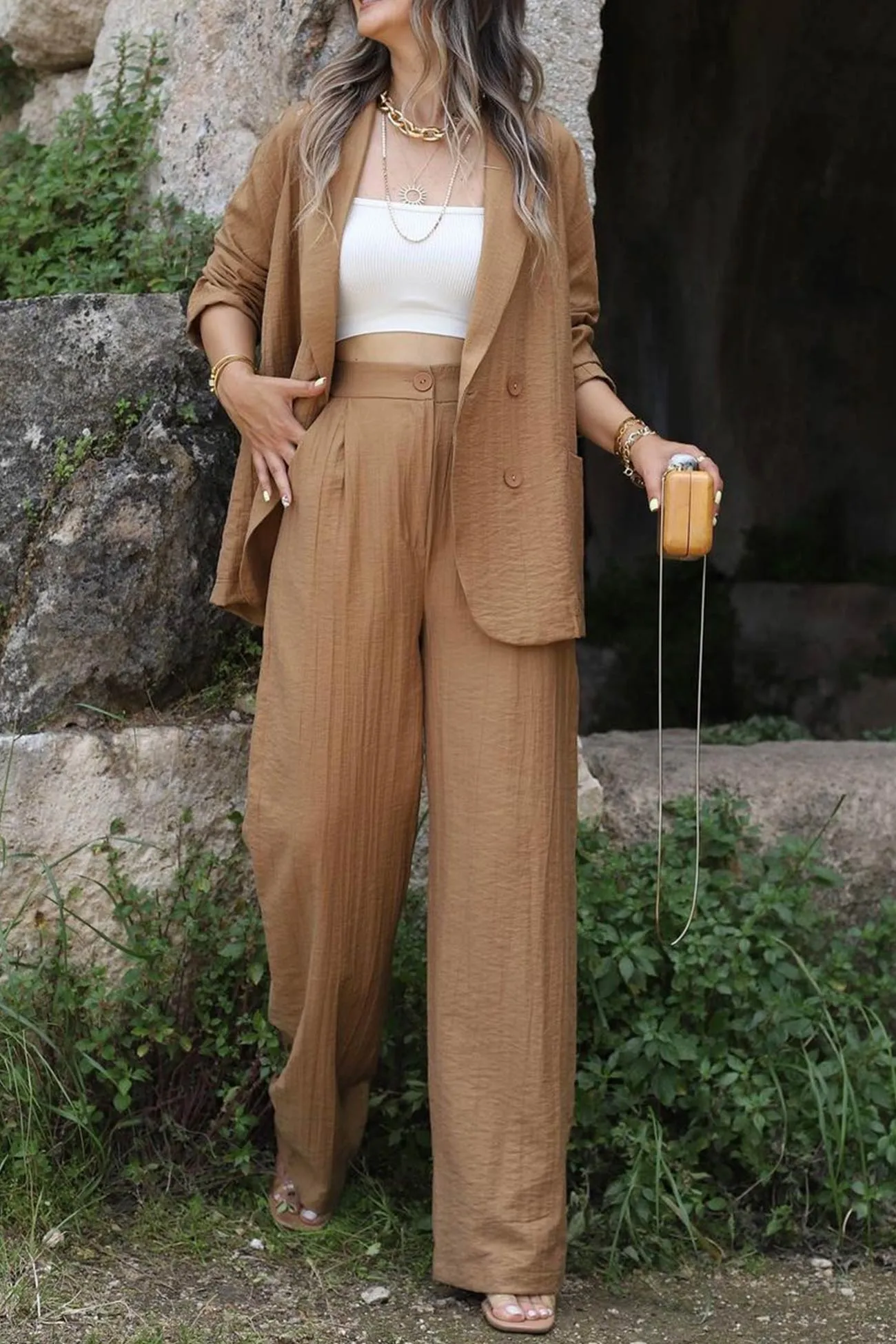 Lapel Double-breasted Blazer Long Pants Suits