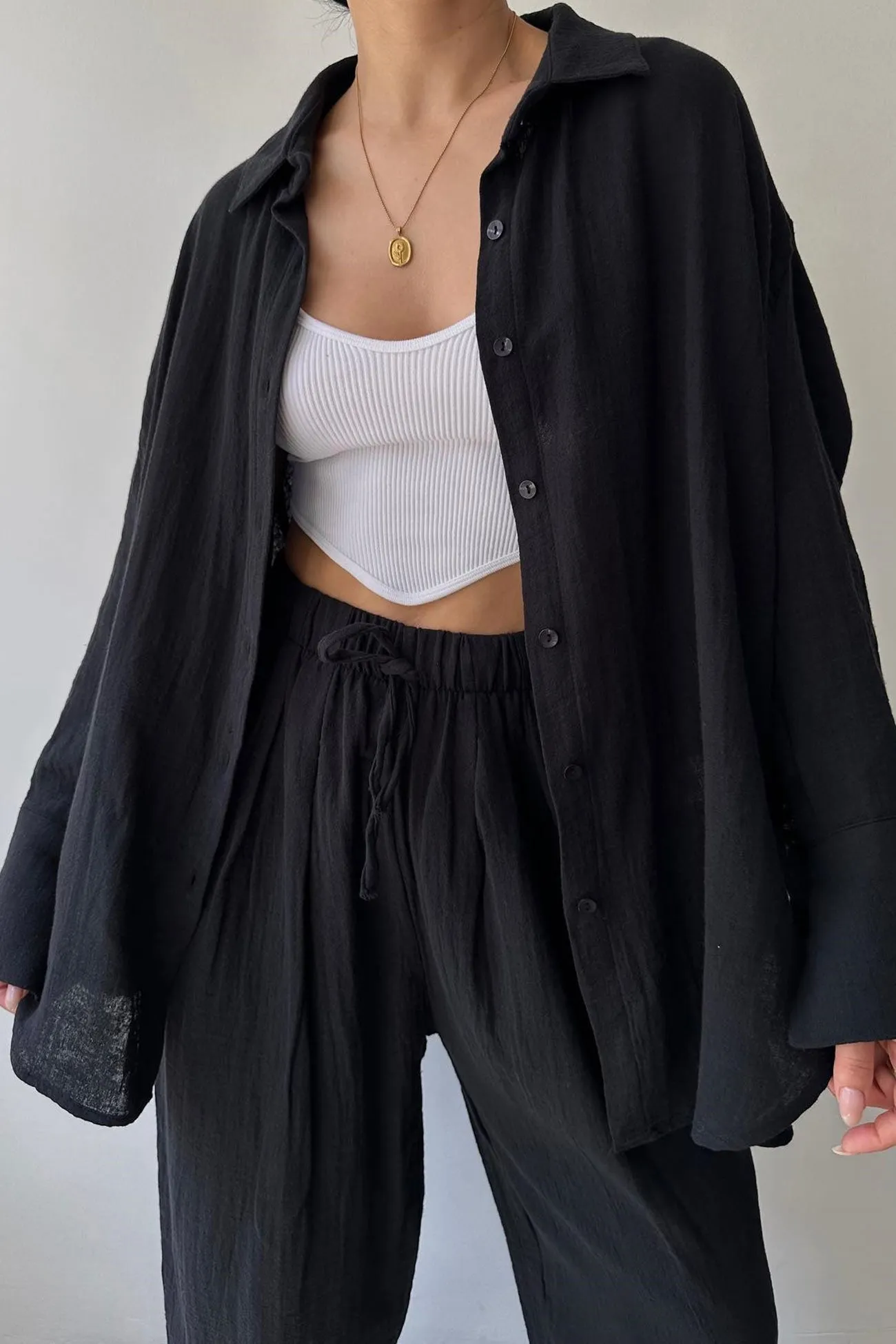 Lapel Long Sleeve Shirt Strappy Long Pants Suits