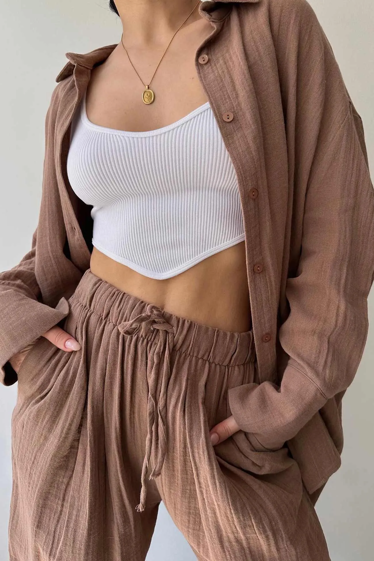 Lapel Long Sleeve Shirt Strappy Long Pants Suits