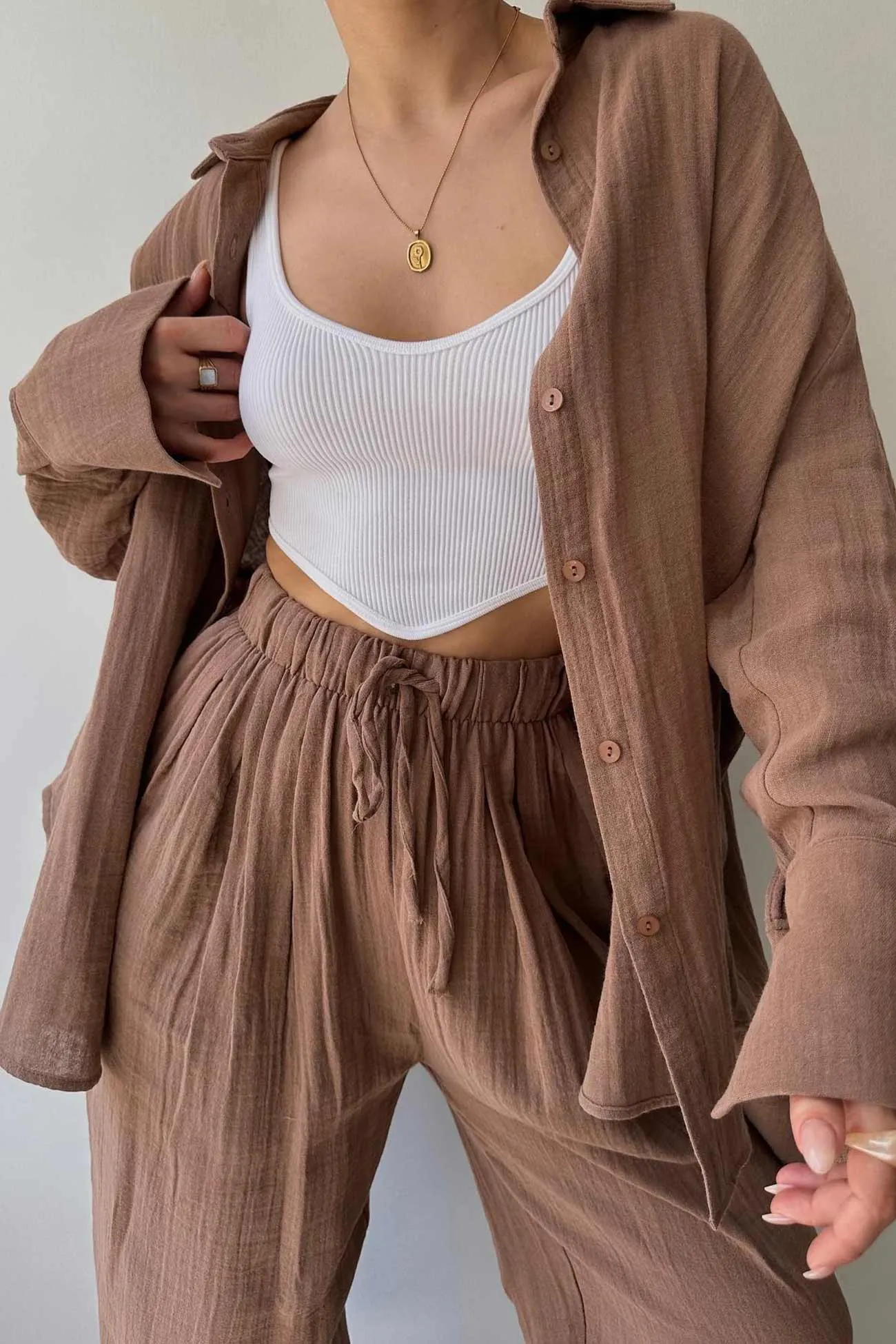 Lapel Long Sleeve Shirt Strappy Long Pants Suits