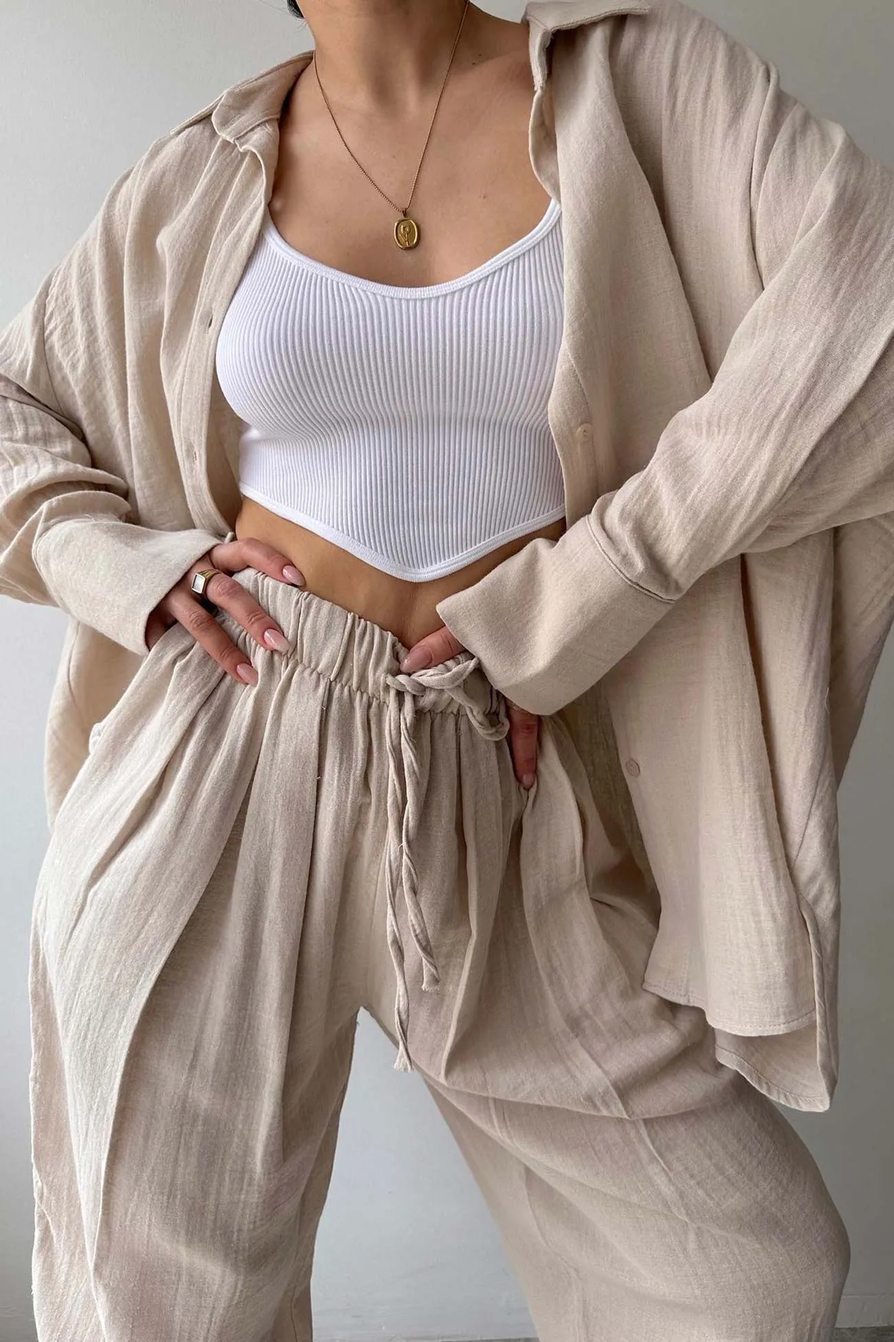 Lapel Long Sleeve Shirt Strappy Long Pants Suits