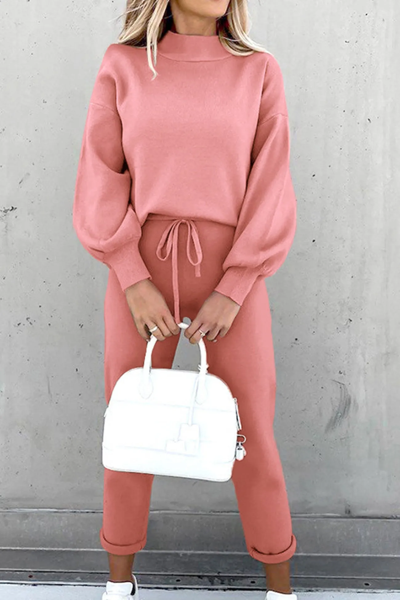 Mock Neck Puff Sleeve Sweatshirt Long Pants Suits