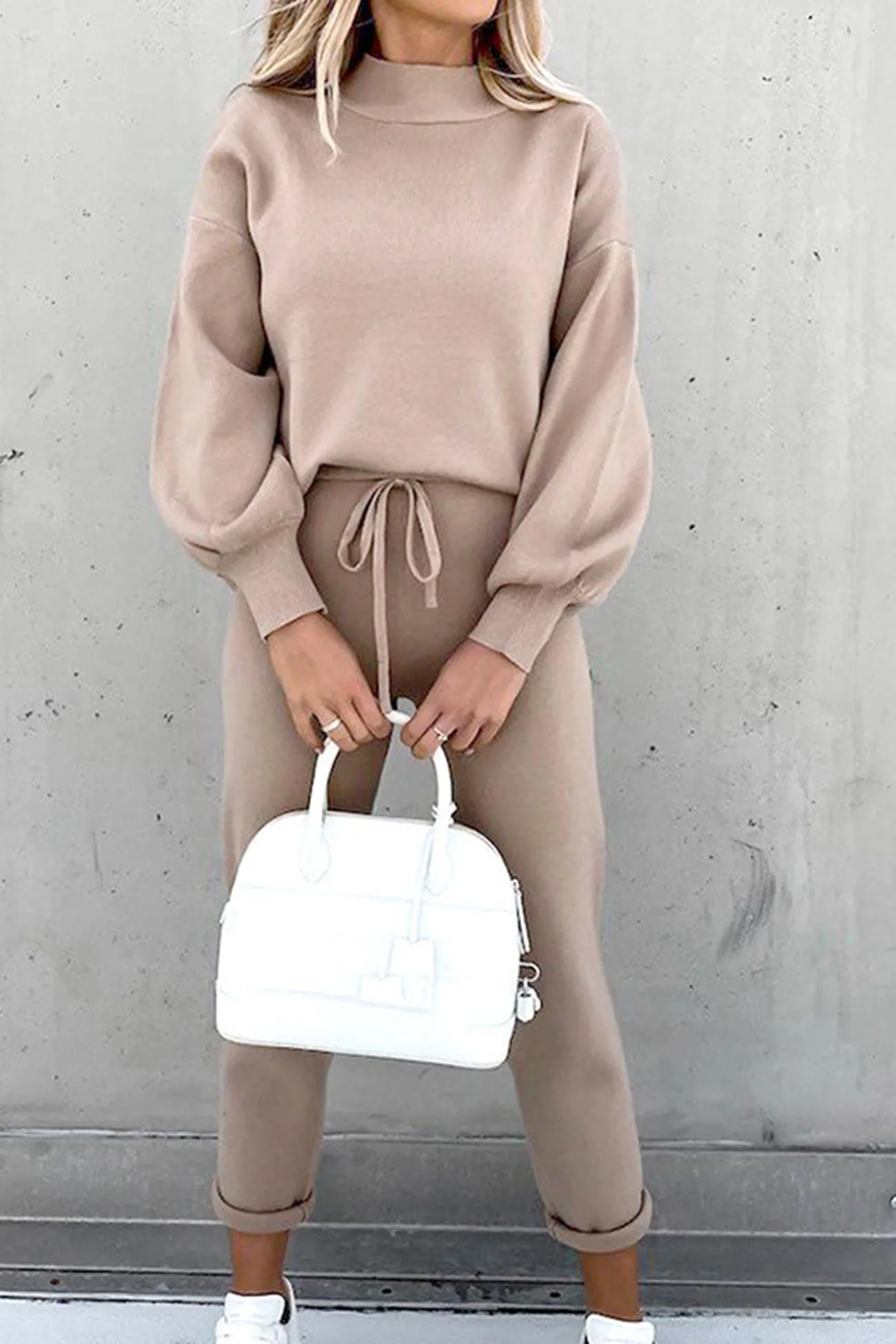 Mock Neck Puff Sleeve Sweatshirt Long Pants Suits