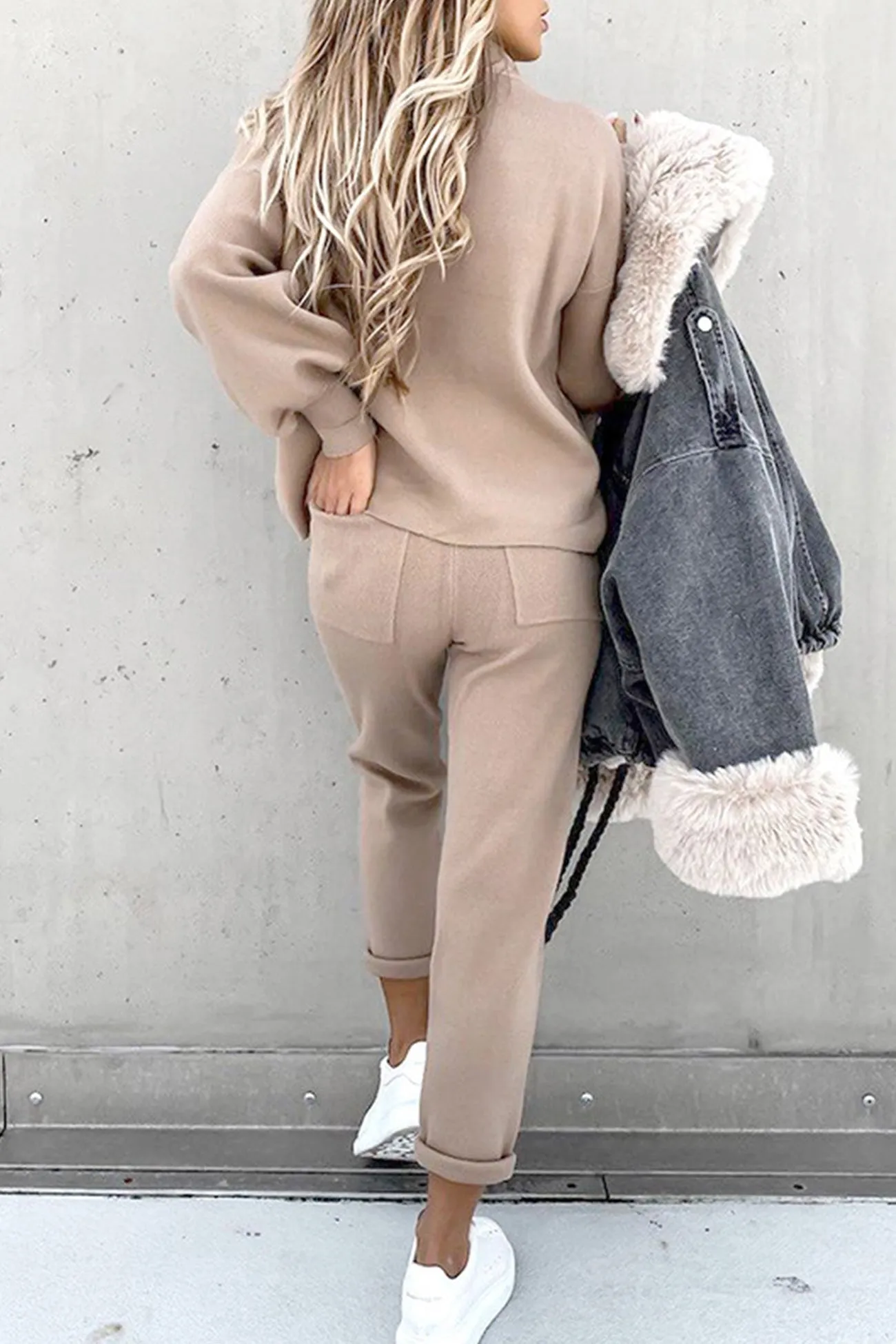 Mock Neck Puff Sleeve Sweatshirt Long Pants Suits