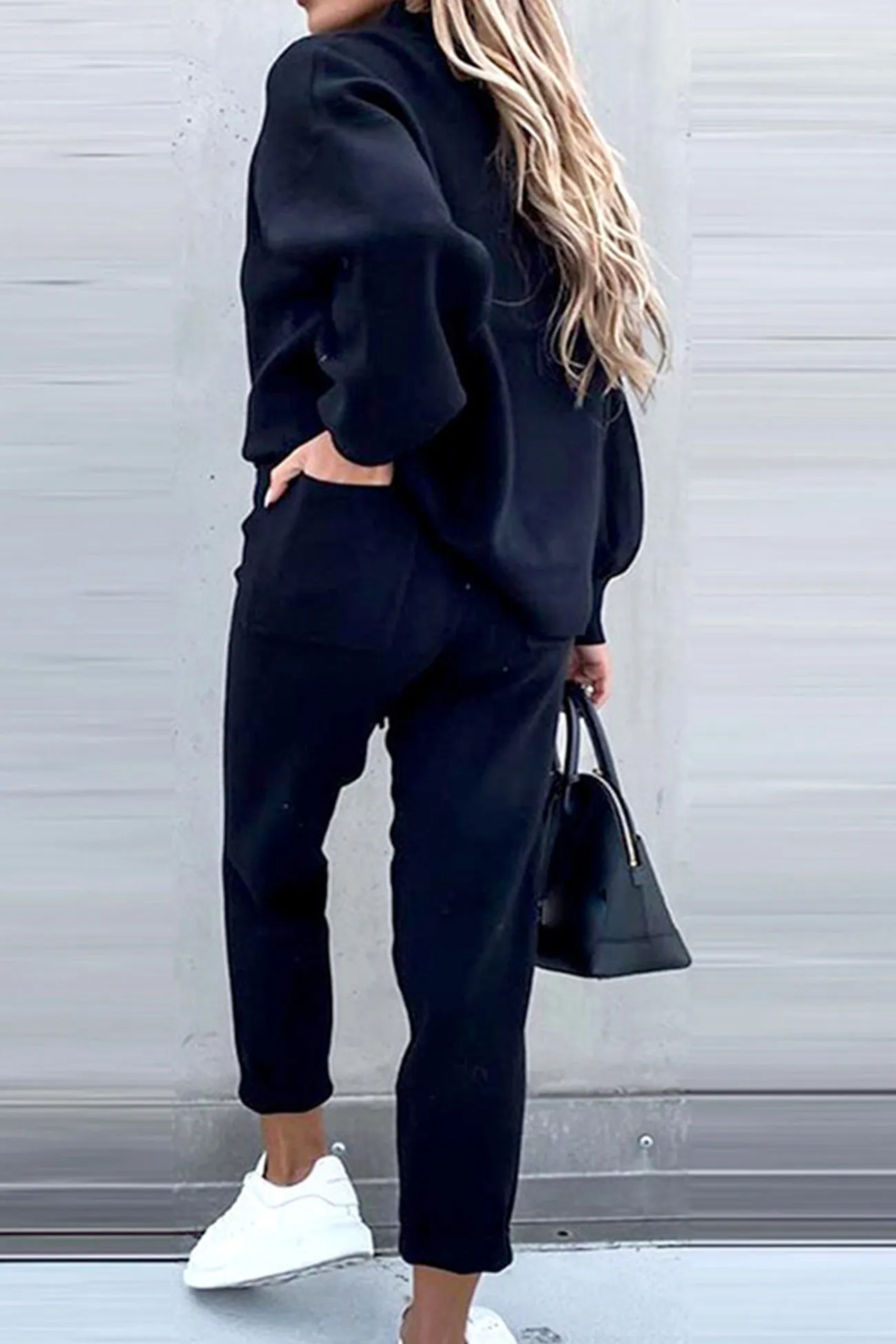 Mock Neck Puff Sleeve Sweatshirt Long Pants Suits