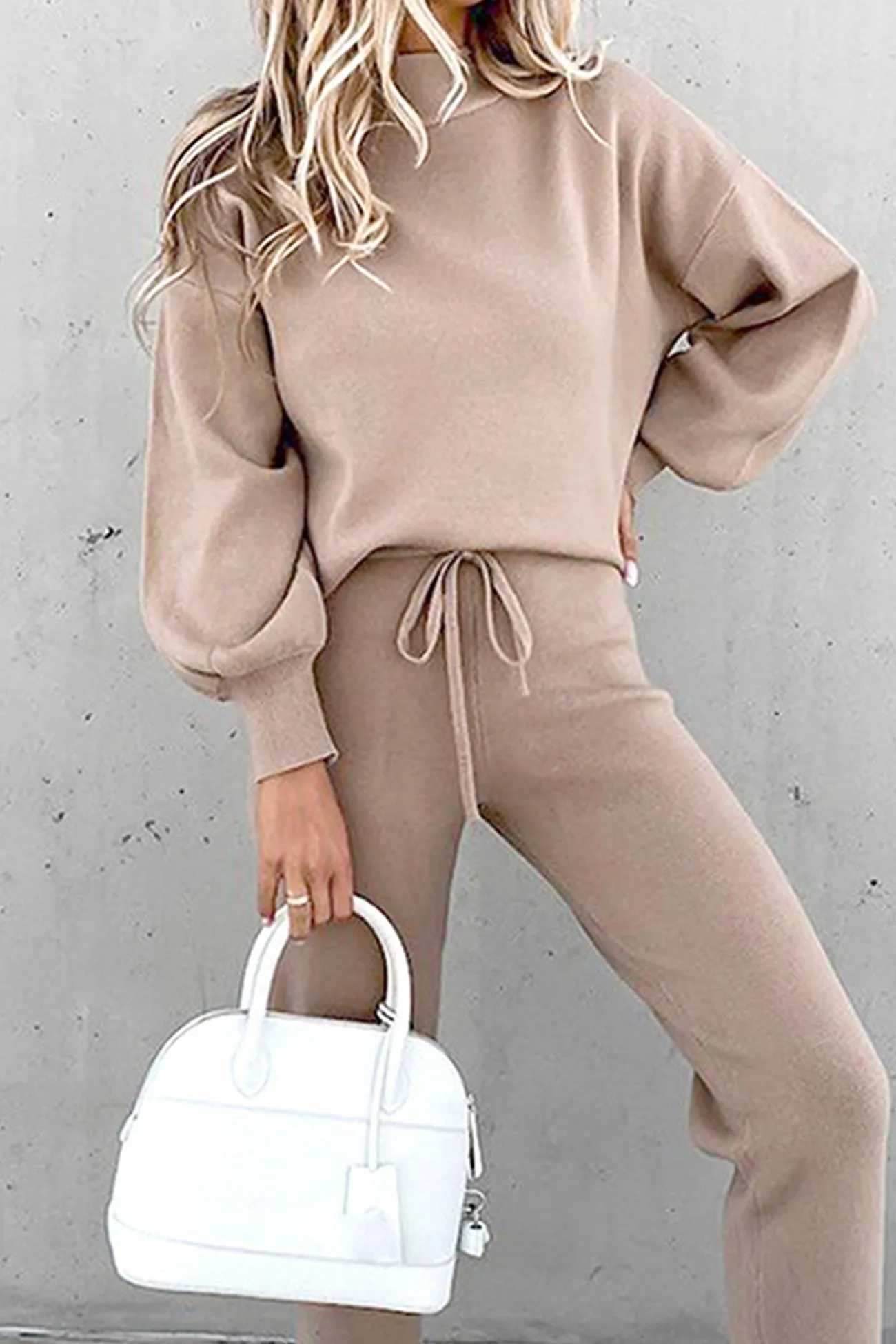 Mock Neck Puff Sleeve Sweatshirt Long Pants Suits