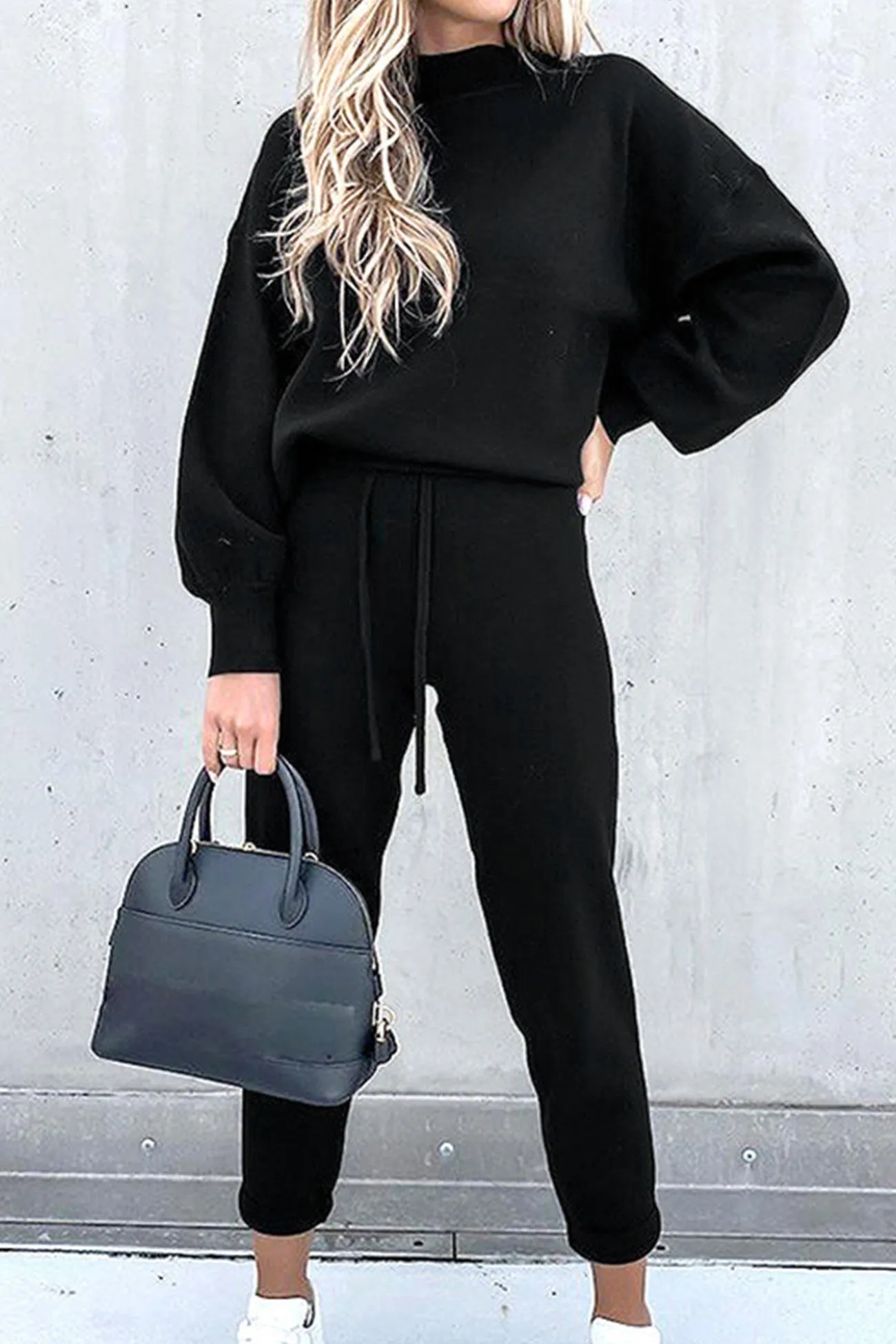 Mock Neck Puff Sleeve Sweatshirt Long Pants Suits