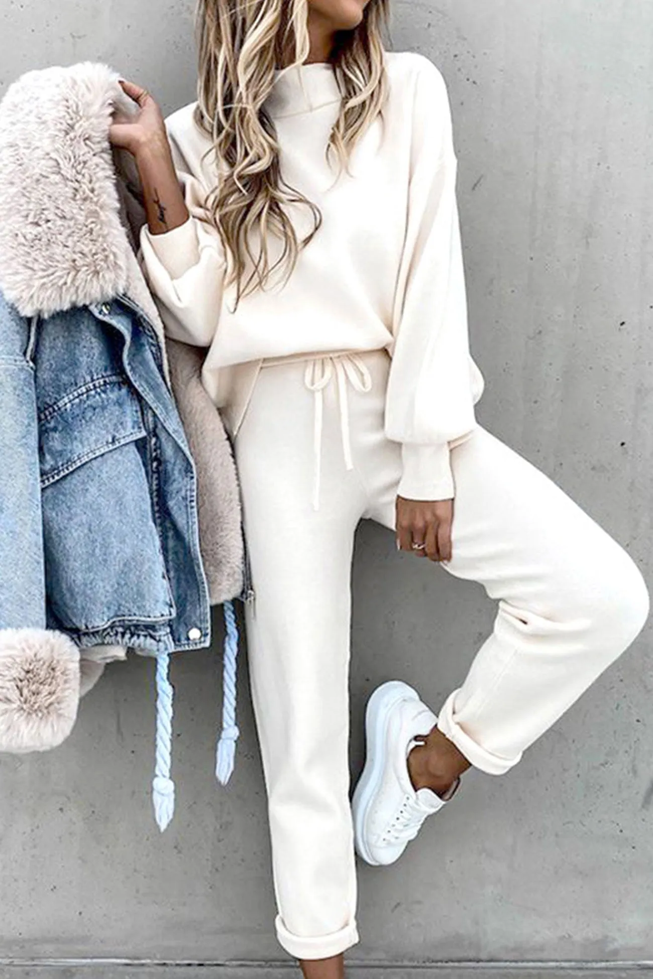 Mock Neck Puff Sleeve Sweatshirt Long Pants Suits