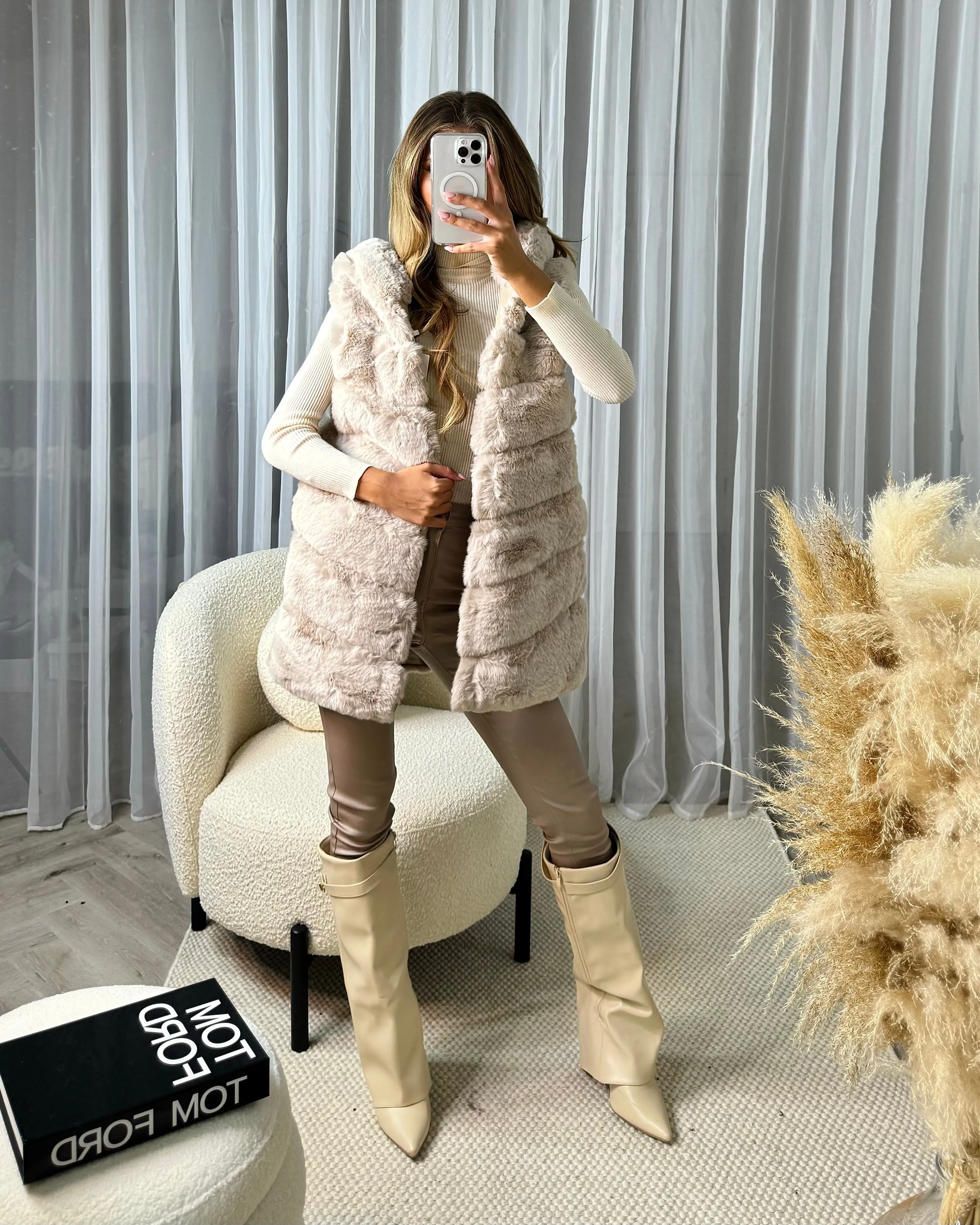 Naomi Faux Fur Gilet with Hood - Beige