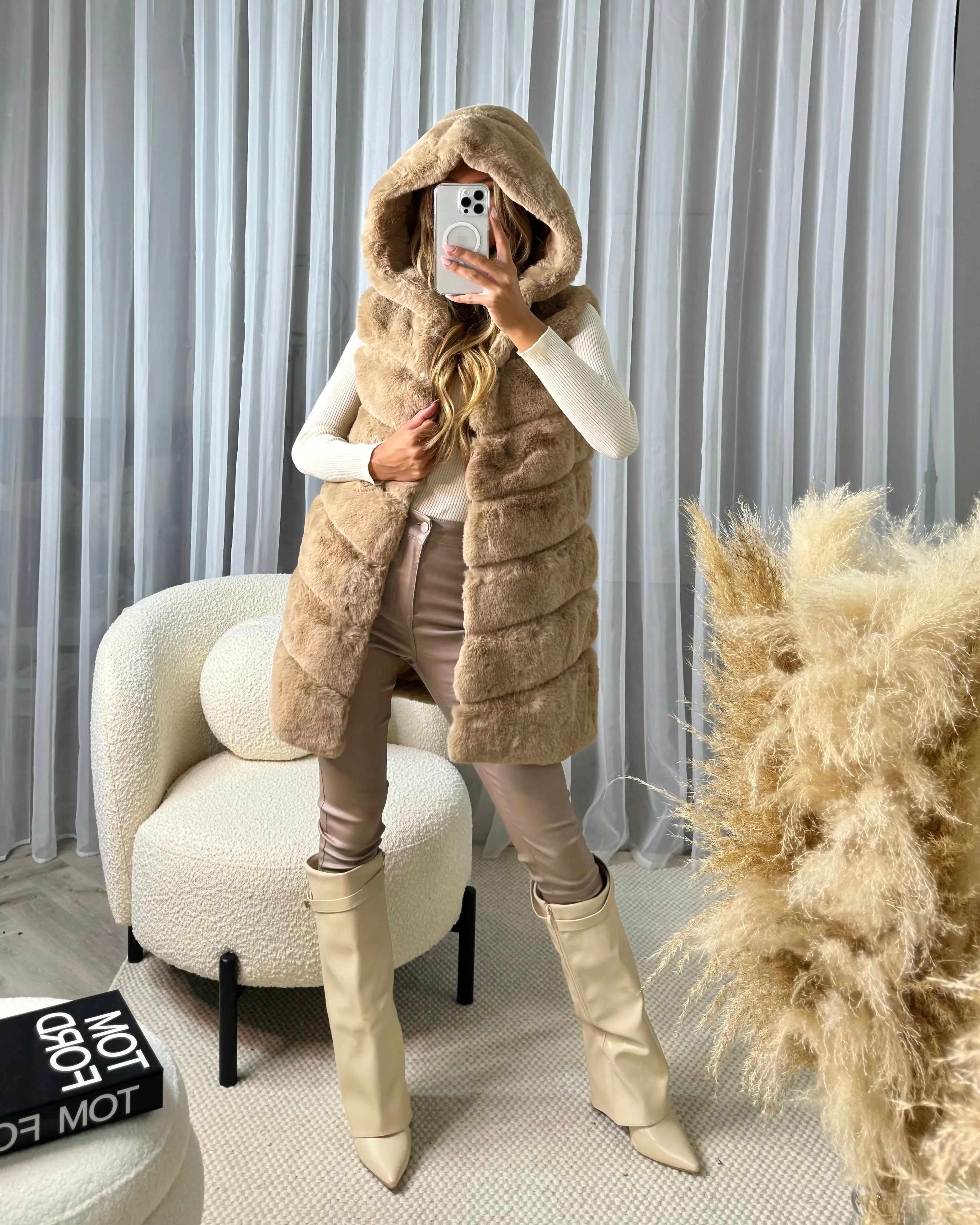 Naomi Faux Fur Gilet with Hood - Camel