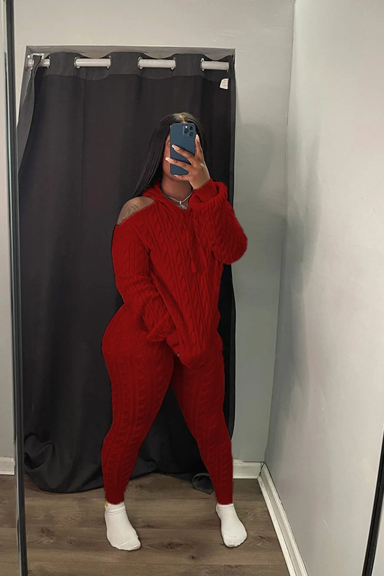 Off Shoulder Knitted Hoodie Suits