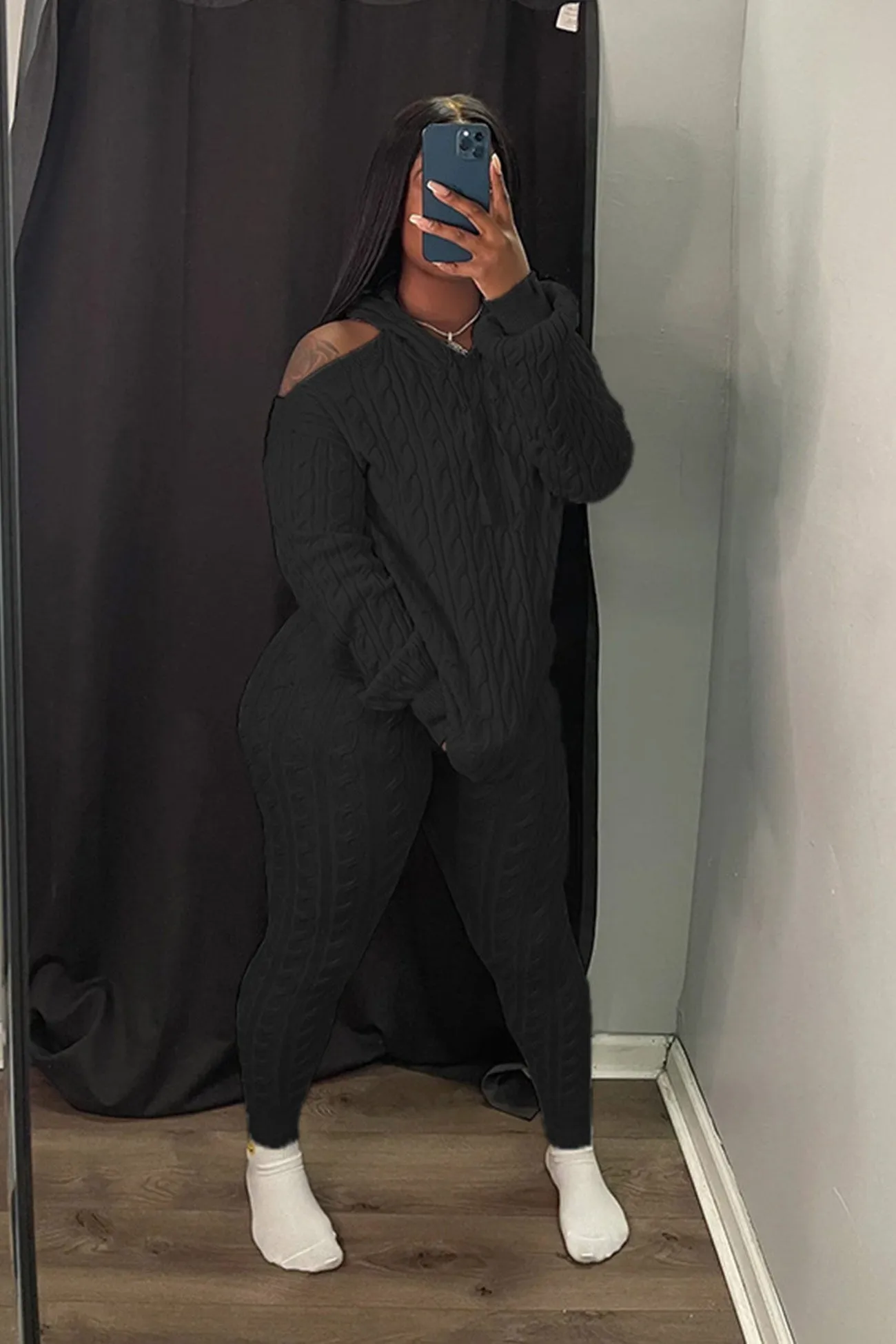 Off Shoulder Knitted Hoodie Suits