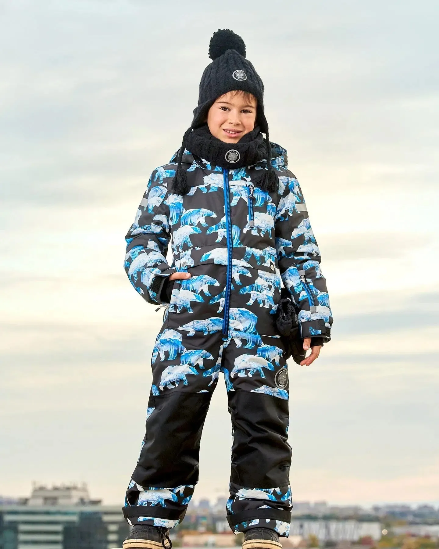 One Piece Snowsuit Black Printed Polar Bears