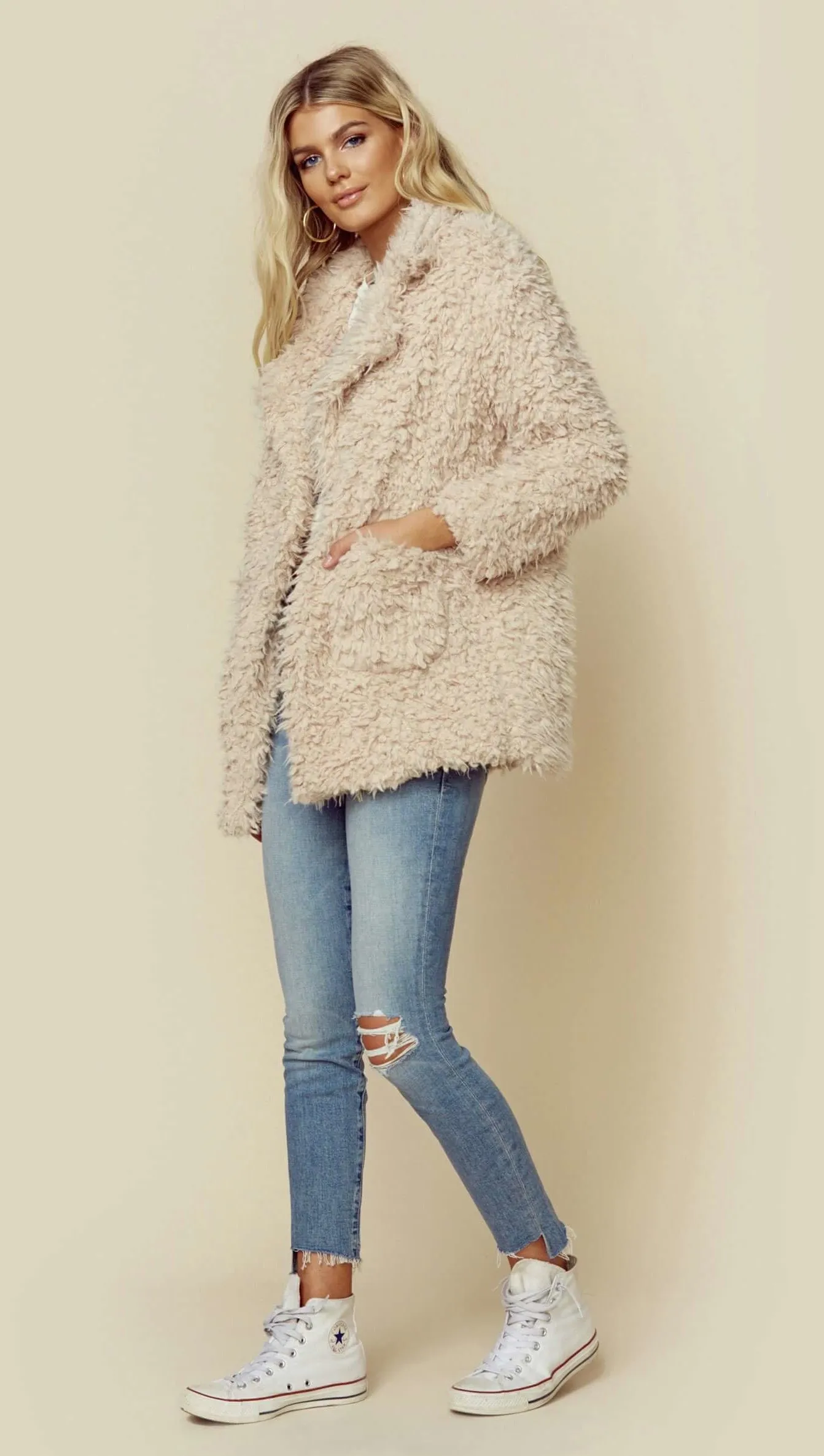 Penny Lane Shaggy Fur Jacket Taupe