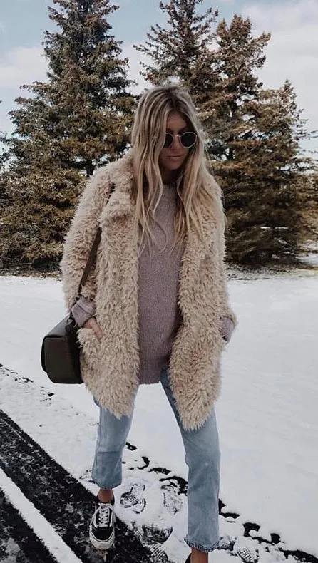 Penny Lane Shaggy Fur Jacket Taupe