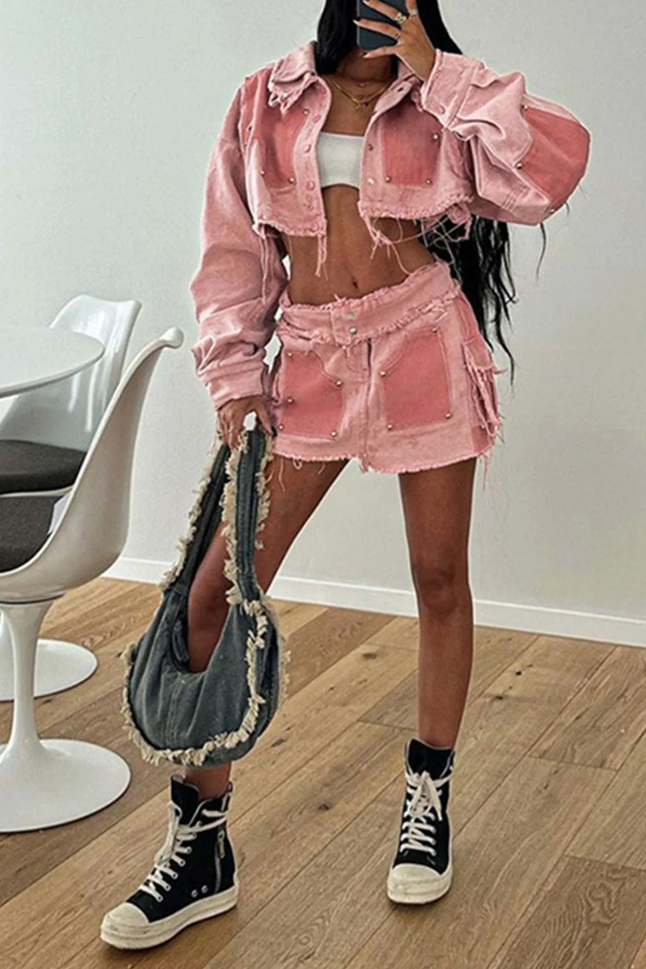 Pink Contrast Distressed Denim Crop Top Skirt Suits